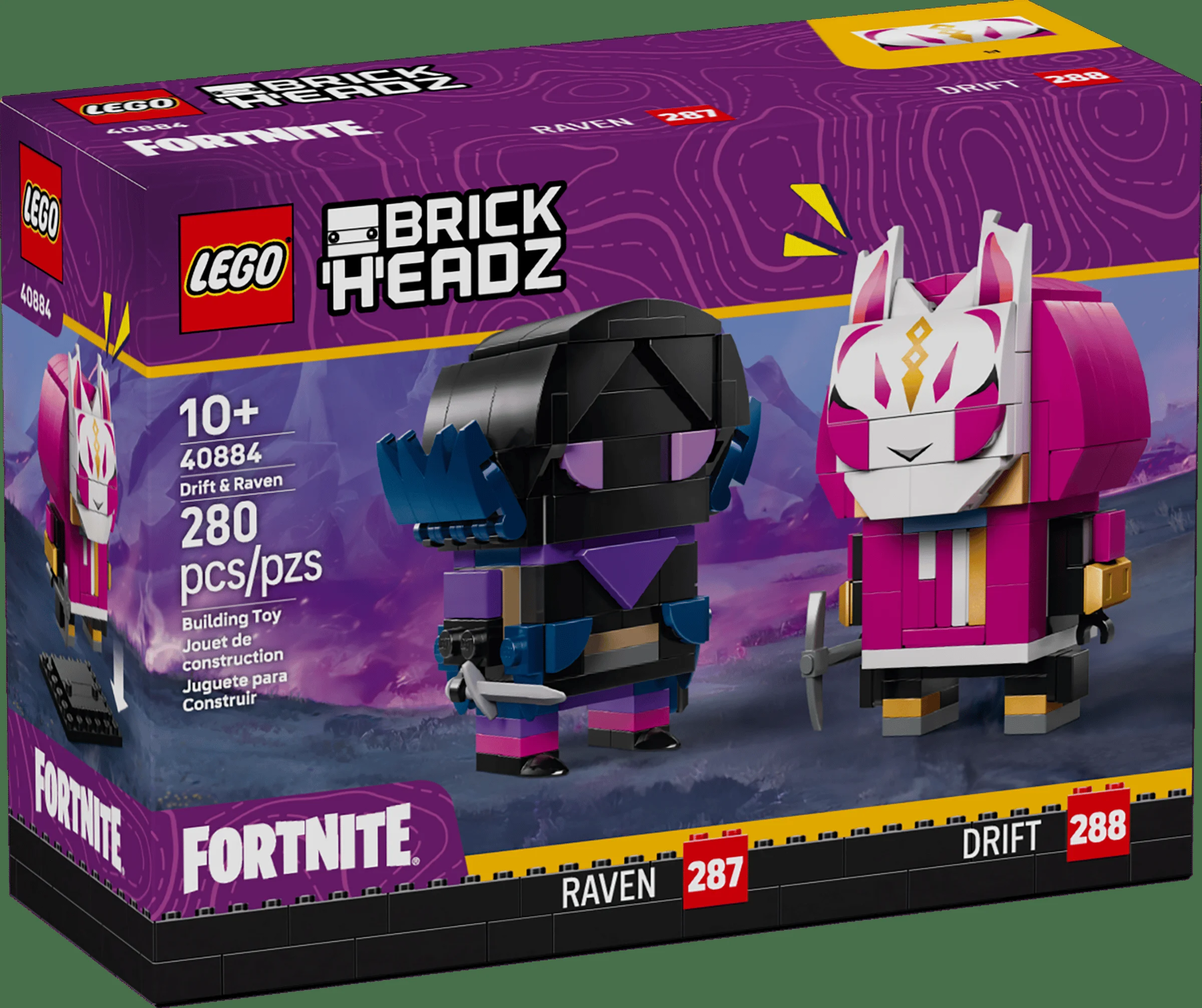 Cutie cu setul LEGO BrickHeadz 40884, Drift și Raven, două figurine din Fortnite.