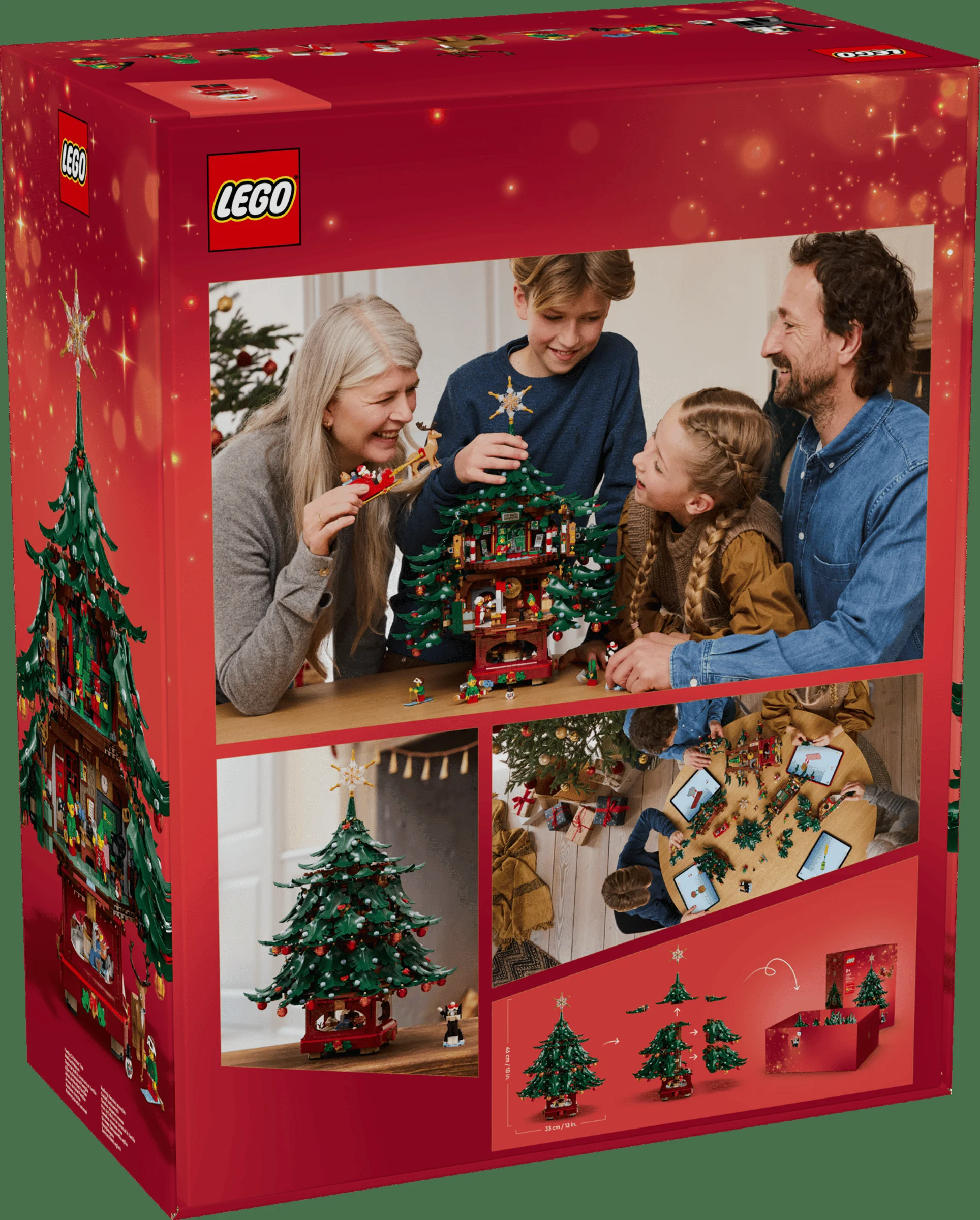 Cutia produsului LEGO 41843 arată o familie asamblând bradul de Crăciun festiv.
