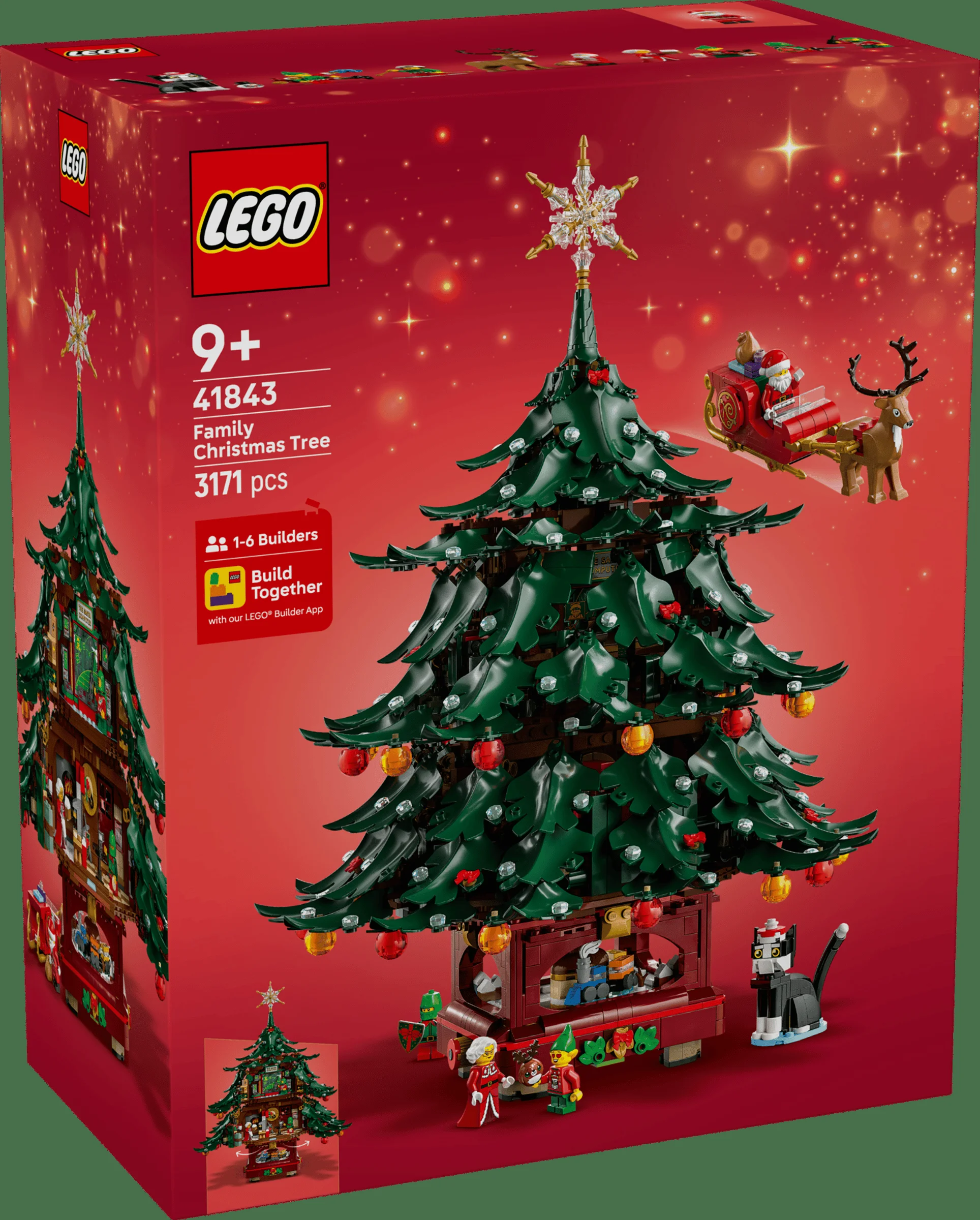 Imagine cu cutia setului LEGO 41843 „Decorațiune de Crăciun în Familie”, cu bradul și minifigurinele.
