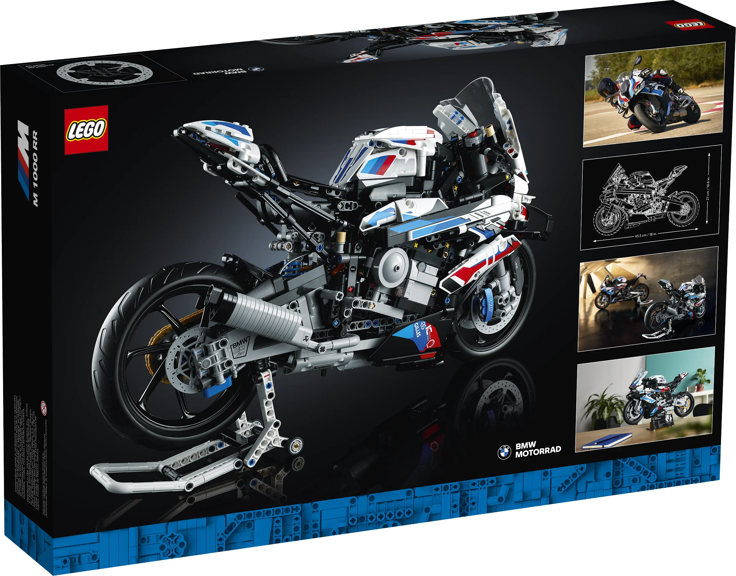 Cutia LEGO Technic BMW M 1000 RR, cu modelul detaliat și imagini suplimentare.