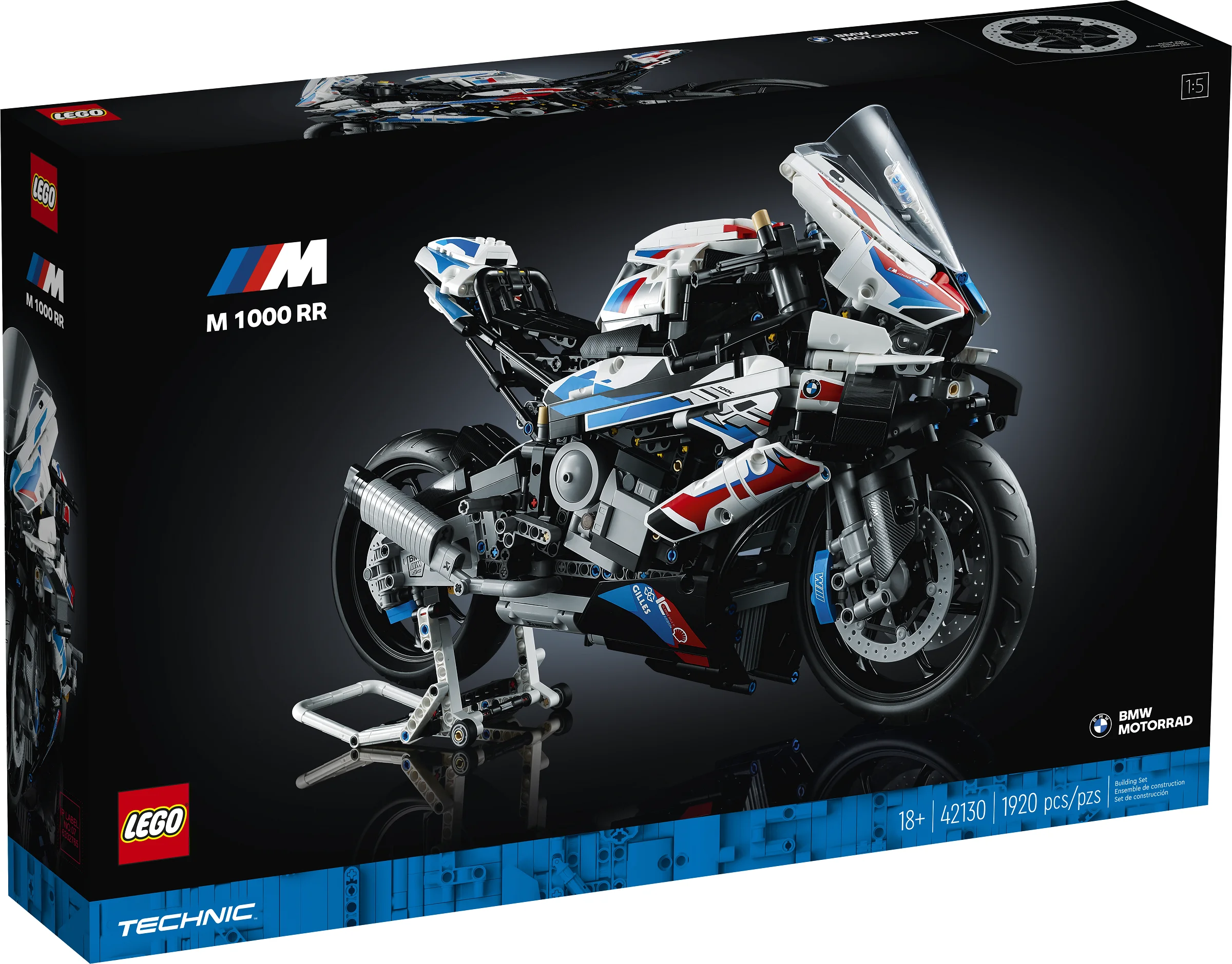 Cutie LEGO Technic BMW M 1000 RR, model detaliat, culori alb, albastru și roșu.
