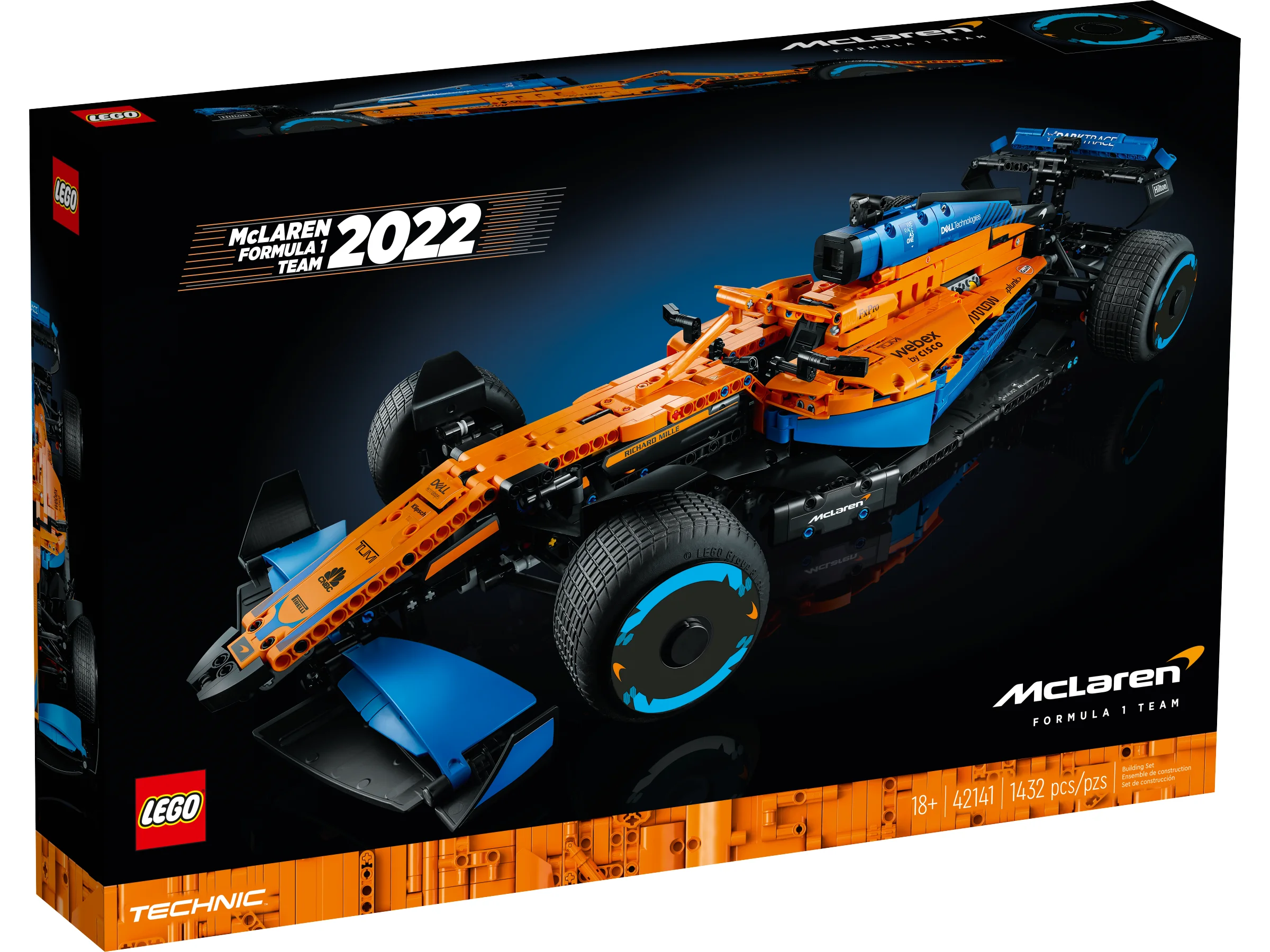 Cutia LEGO Technic 42141, McLaren Formula 1, cu modelul mașinii și logo-urile sponsorilor.