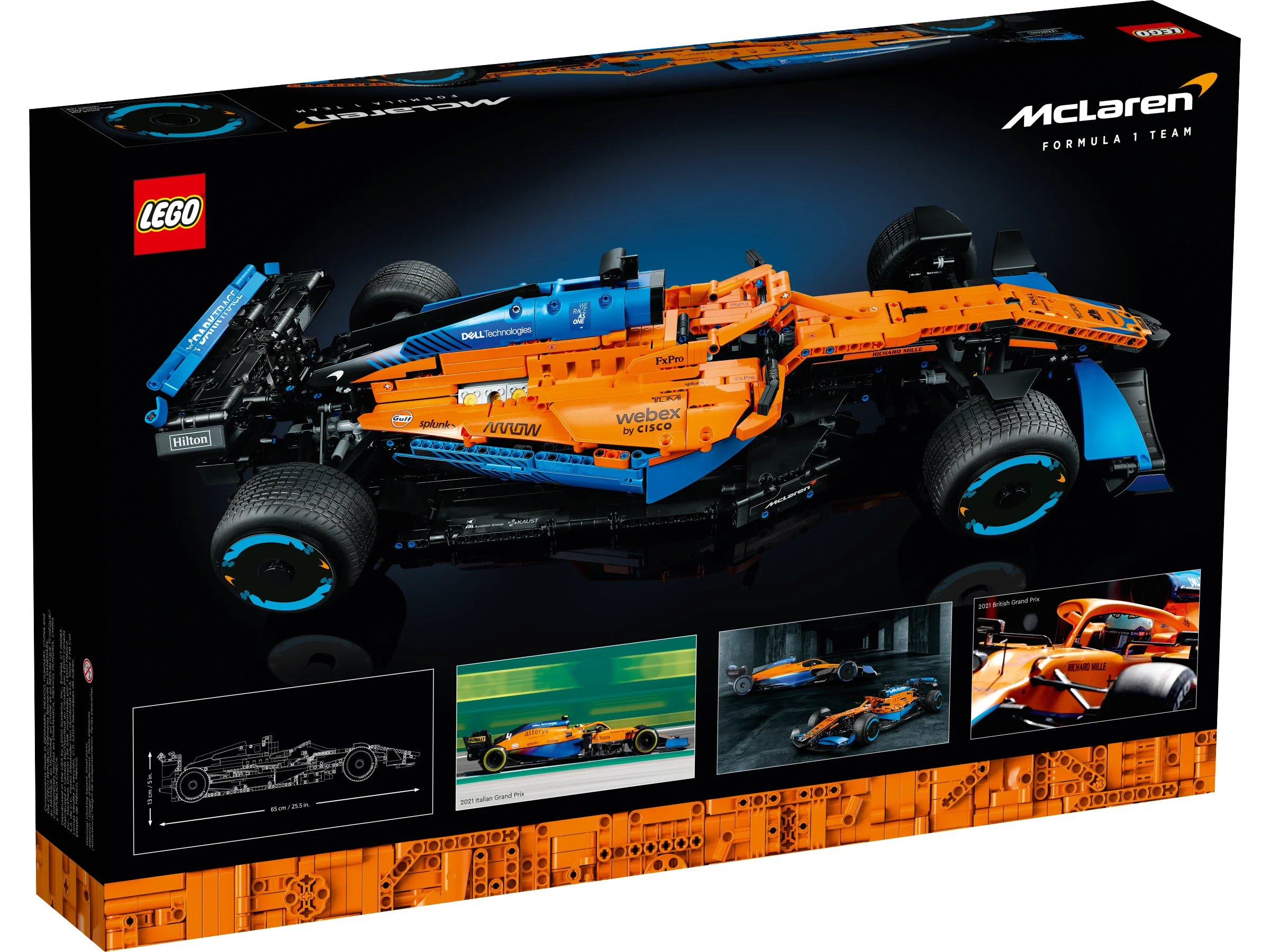 Cutie LEGO Technic McLaren Formula 1, cu detaliile mașinii de curse portocalie și albastră.