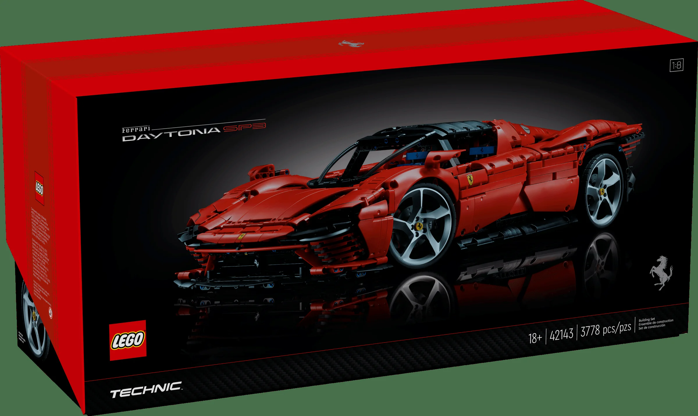 Cutia setului LEGO Technic Ferrari Daytona SP3, cu modelul roșu al mașinii de curse.