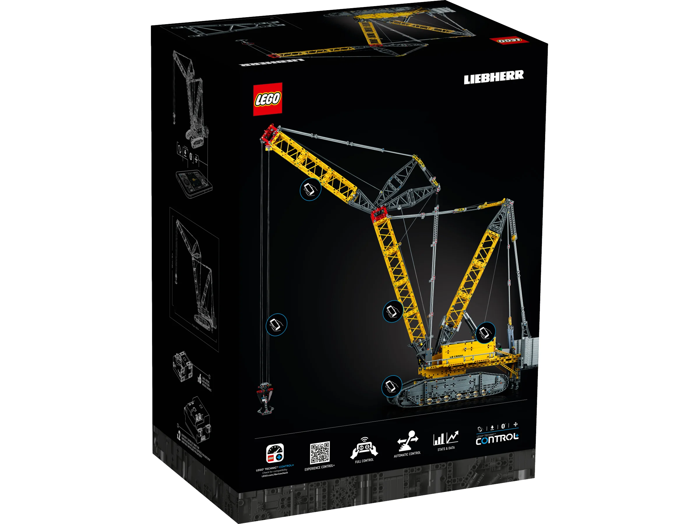 Cutia setului LEGO Technic Liebherr LR 13000, cu modelul macaralei prezentat.