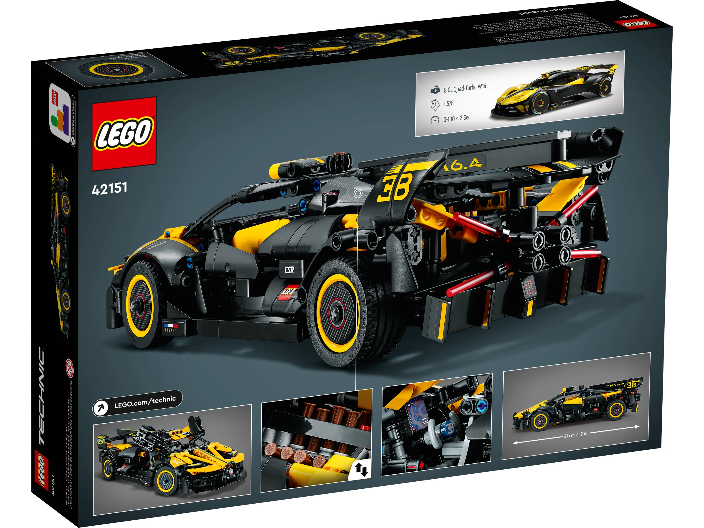 Cutia setului LEGO Technic 42151 Bugatti Bolide, cu detalii ale modelului și specificații.