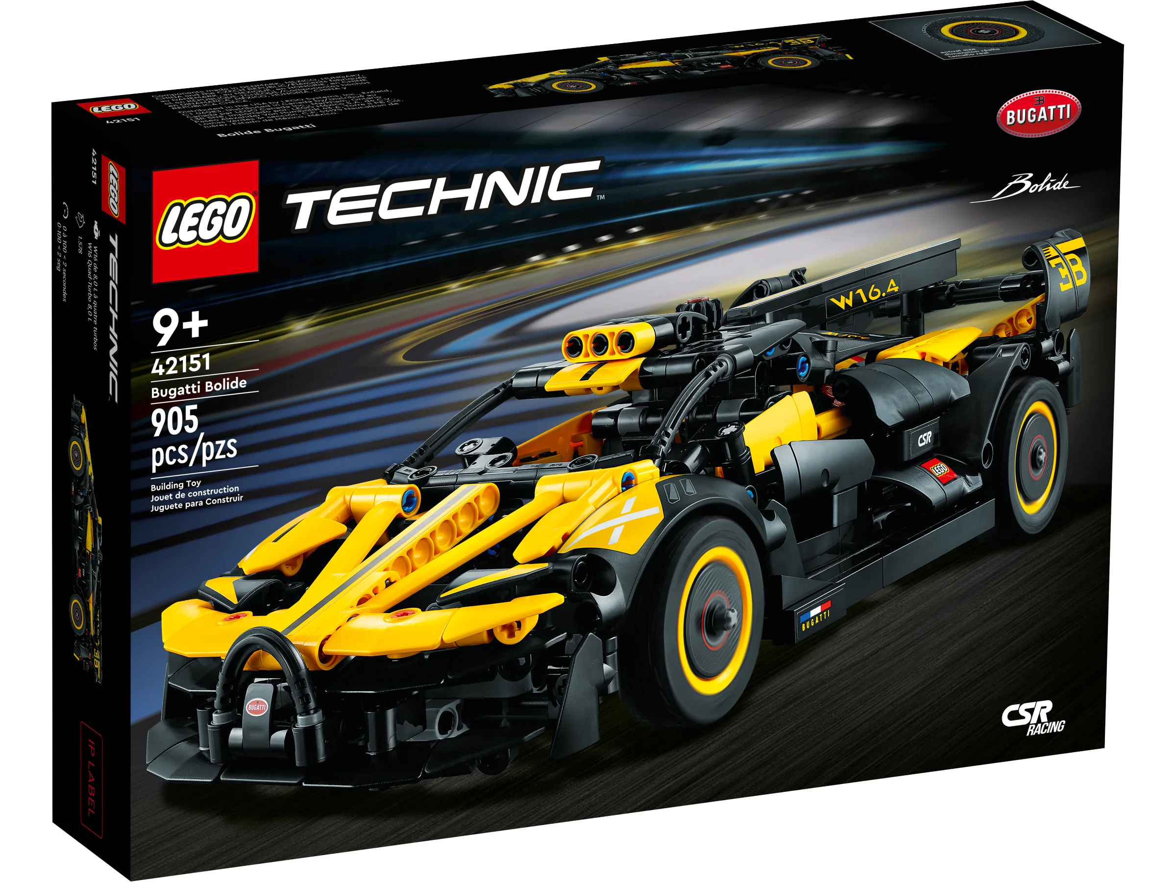Imagine a cutiei LEGO Technic 42151 Bugatti Bolide, cu modelul galben și negru prezentat.
