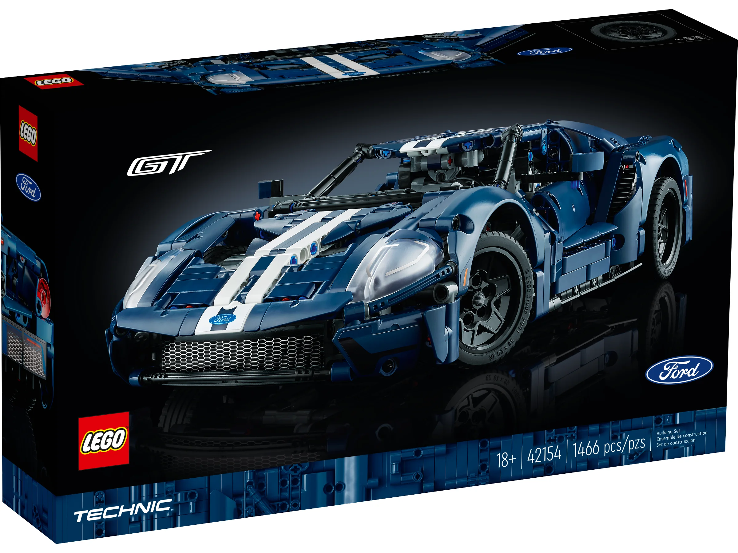 Imagine cu cutia setului LEGO Technic 42154, Ford GT. Model detaliat albastru cu dungi albe.