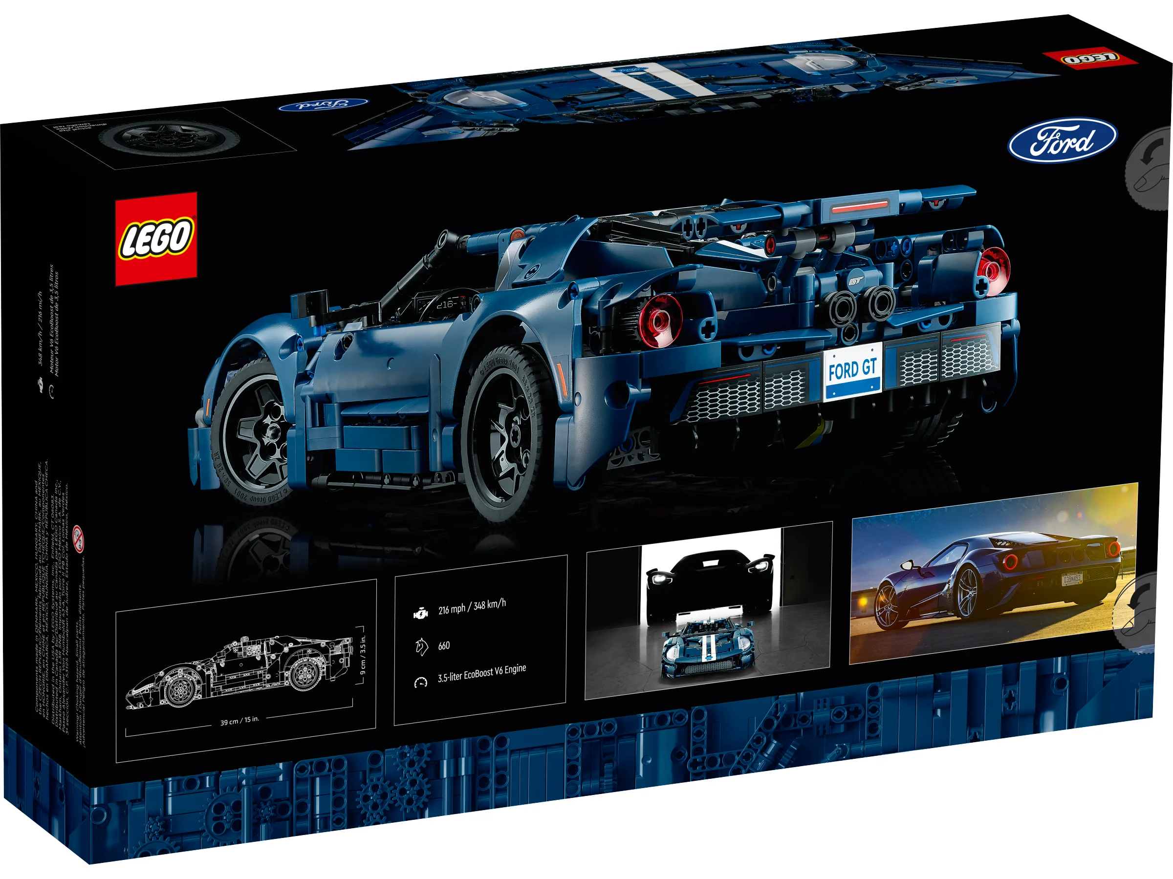 Imagine cu spatele cutiei setului LEGO Technic Ford GT, detaliind caracteristici și specificații.