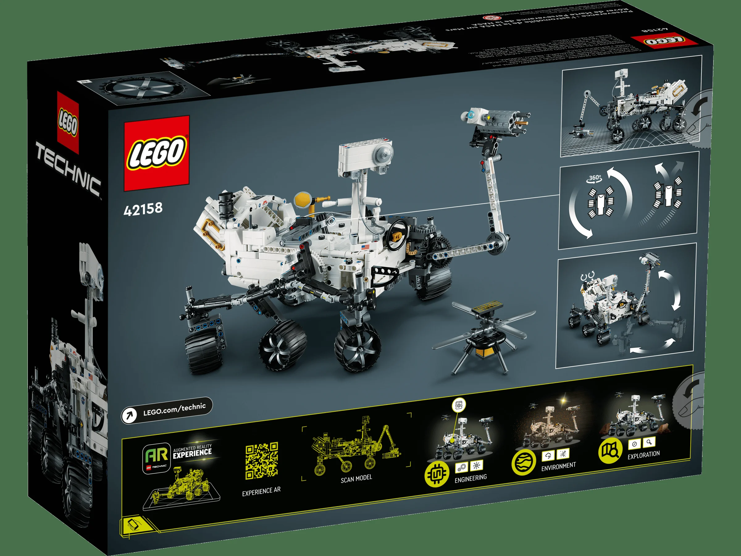 Cutia setului LEGO Technic 42158, prezentând Roverul Perseverance și detalii despre funcții.