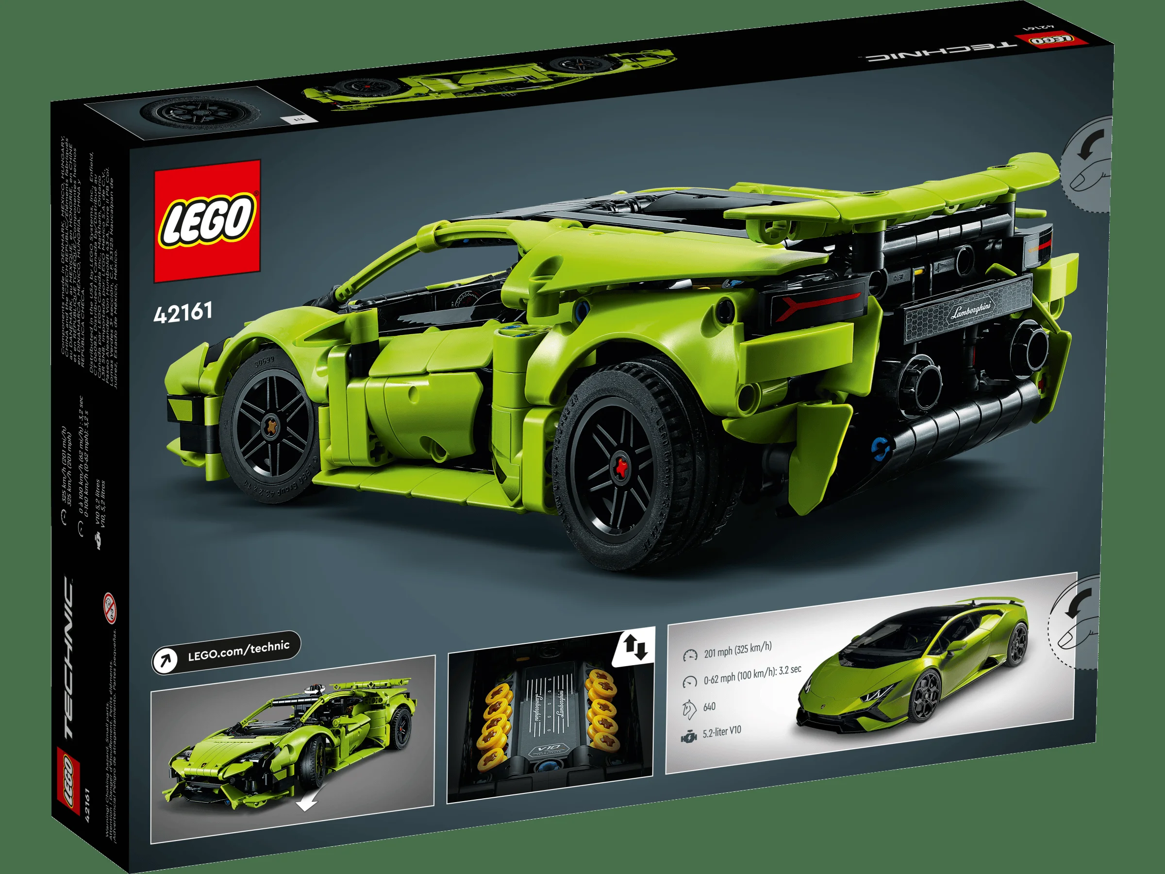 Cutia setului LEGO Technic 42161 Lamborghini Huracán Tecnica, prezentând modelul finisat și detalii tehnice.
