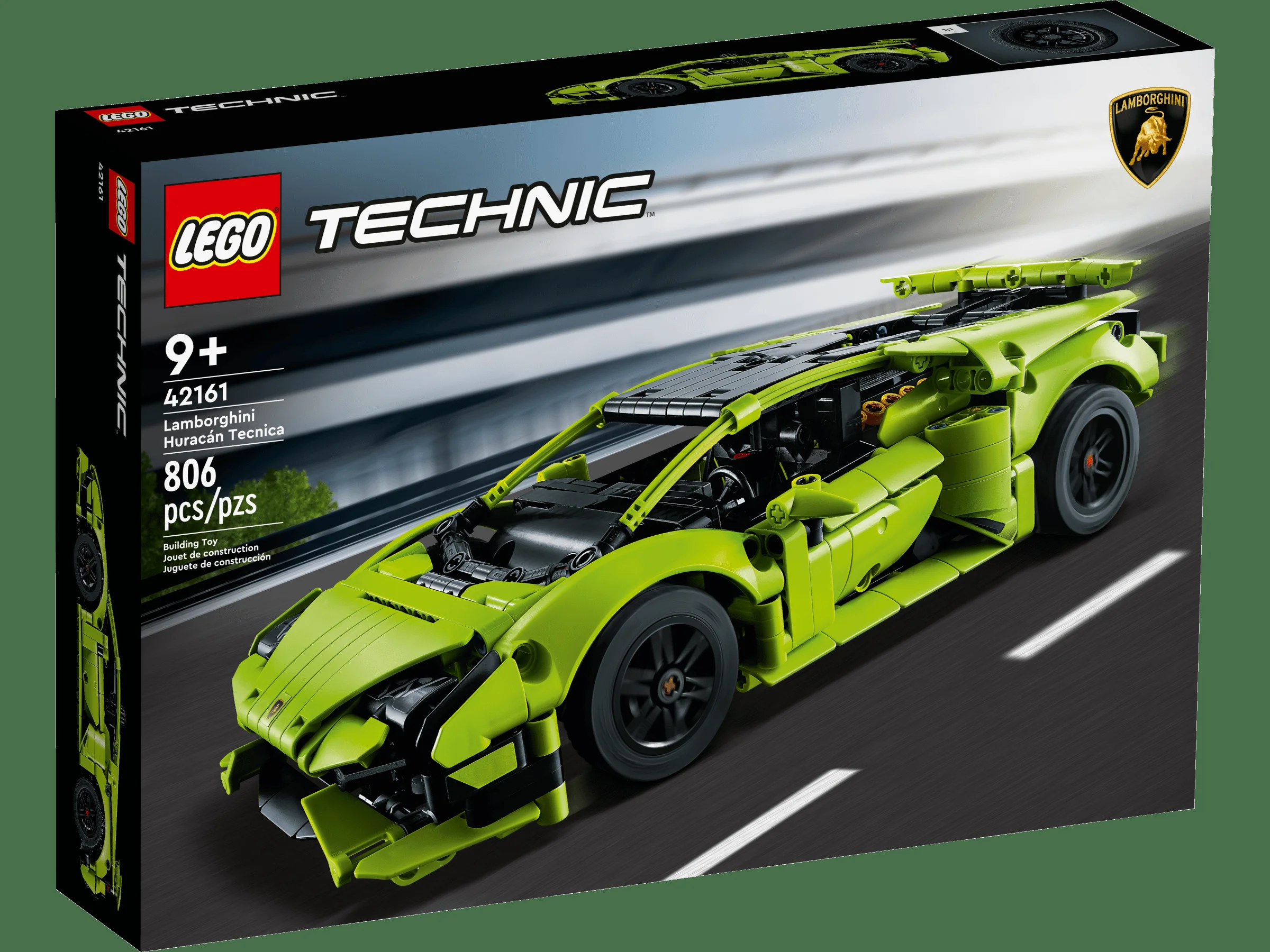 Cutia LEGO Technic 42161 Lamborghini Huracán Tecnica, verde lime, pe un fundal negru simplu.