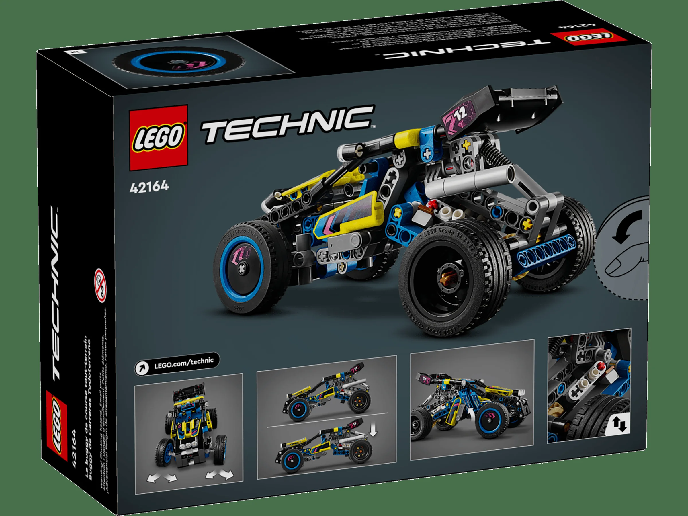 Cutie LEGO Technic 42164 cu buggy off-road colorat în galben și albastru, detaliată și atractivă.