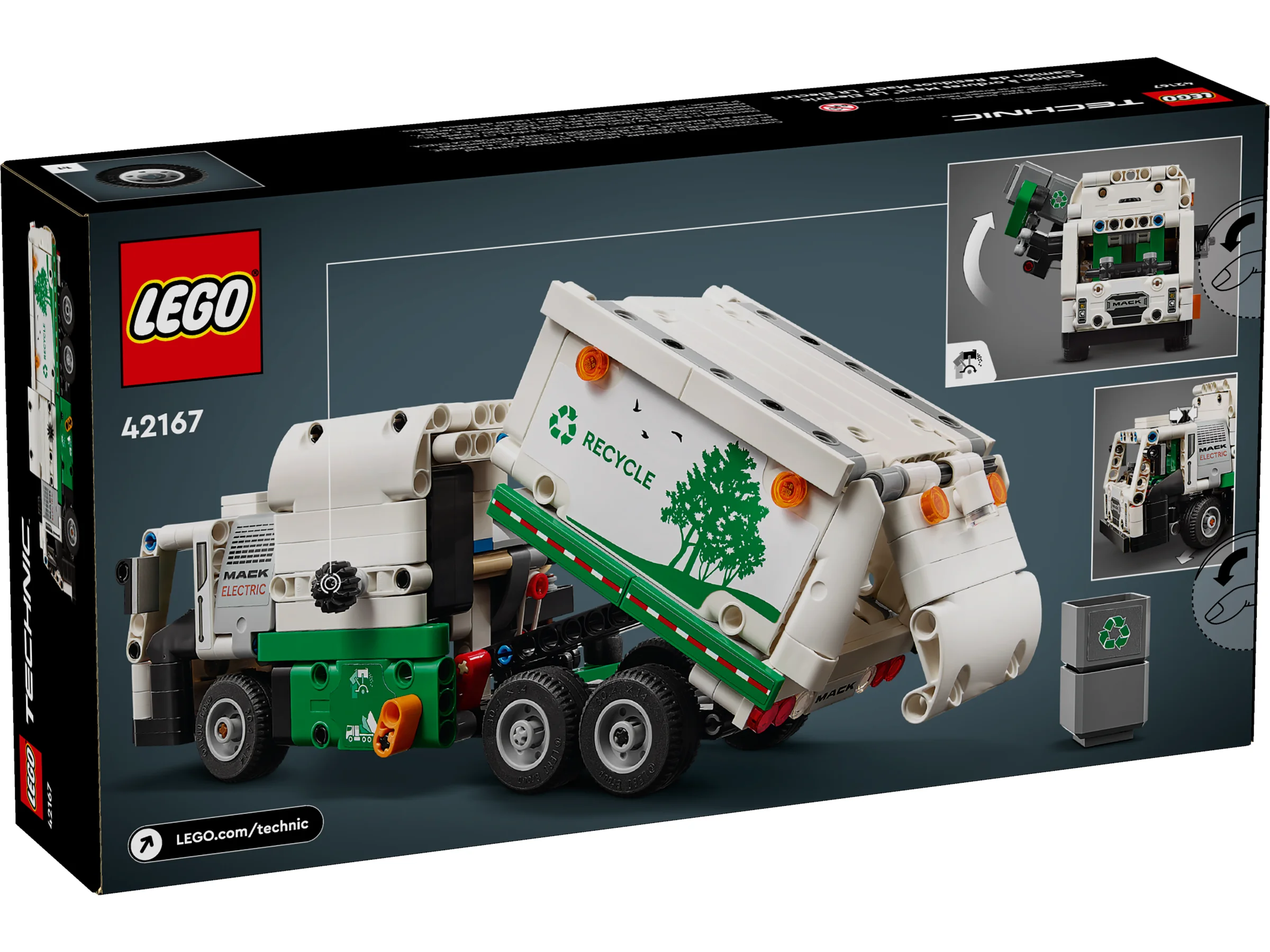 Imaginea cutiei setului LEGO Technic 42167, camion de gunoi electric Mack LR. Vedere laterală și spate.