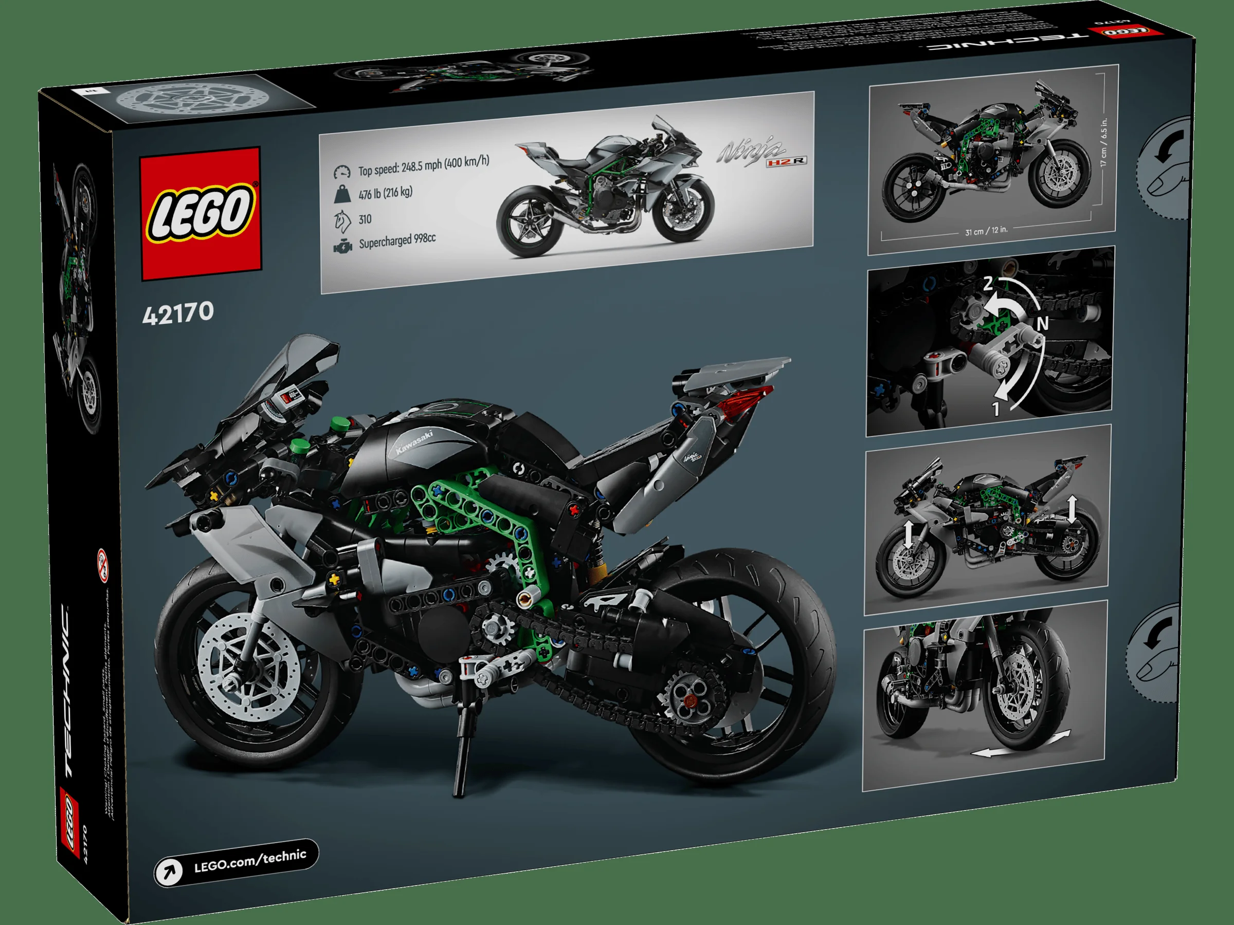 Cutia setului LEGO Technic 42170 Kawasaki Ninja H2R, ce prezintă modelul construit.