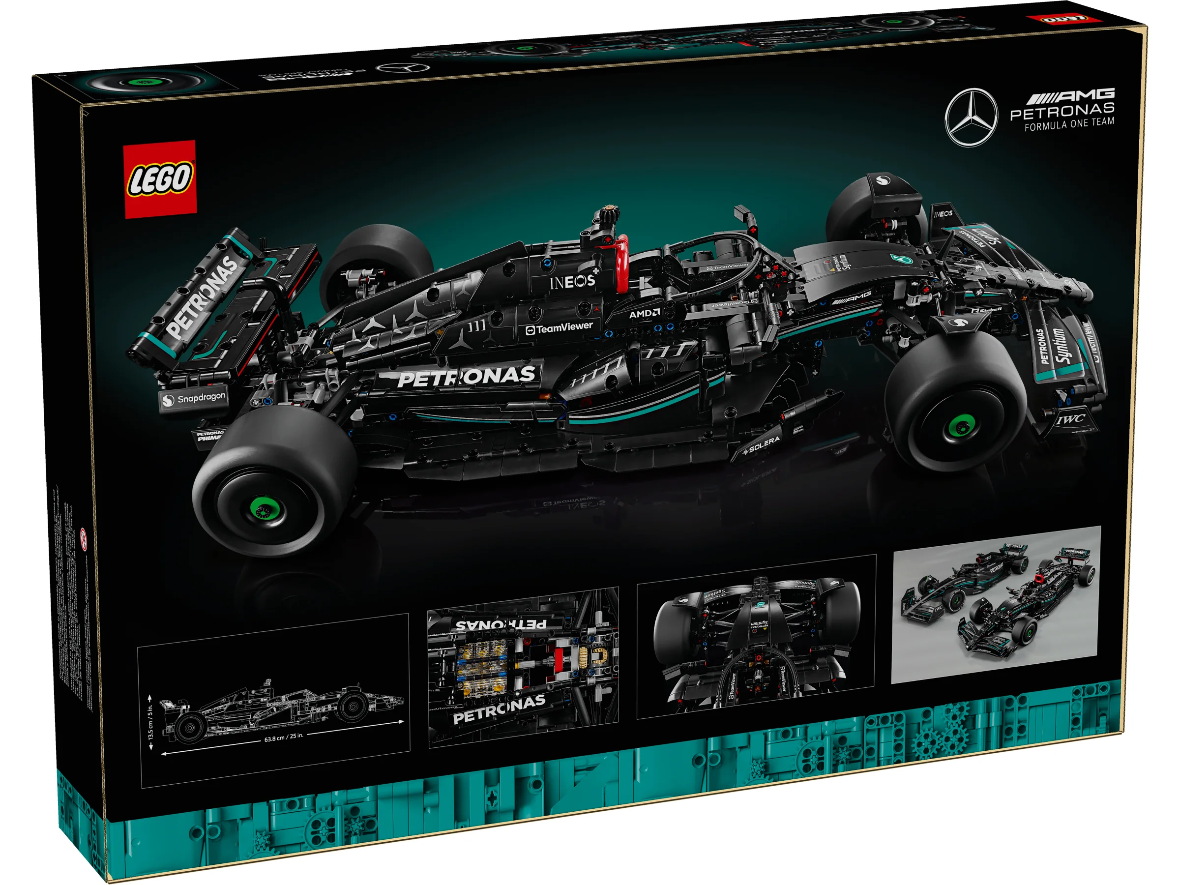 Cutia setului LEGO Technic Mercedes-AMG F1 W14 E Performance, cu modelul construit și detaliile sale.