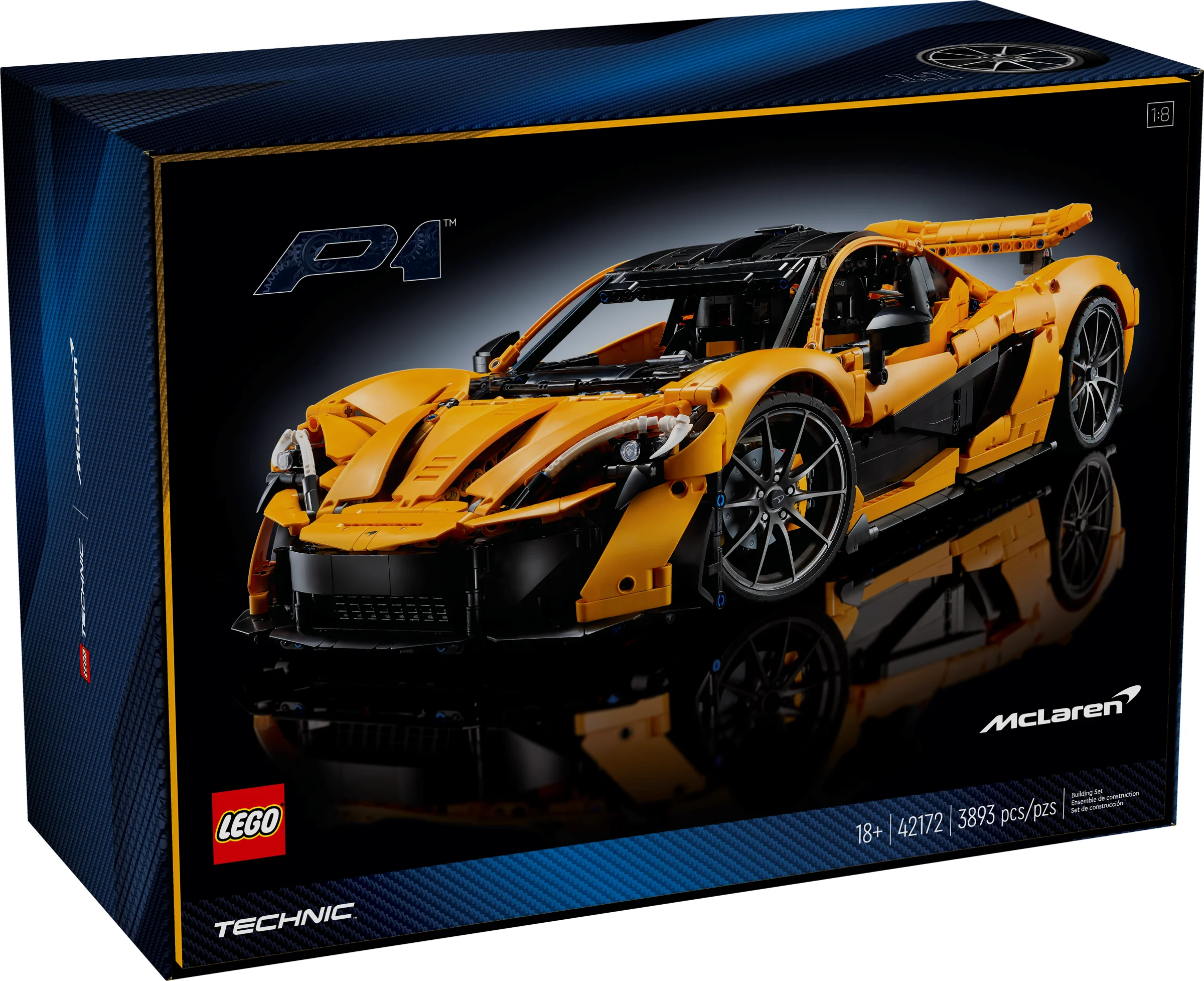 Cutia setului LEGO Technic 42172 McLaren P1, ce prezintă modelul galben al mașinii.