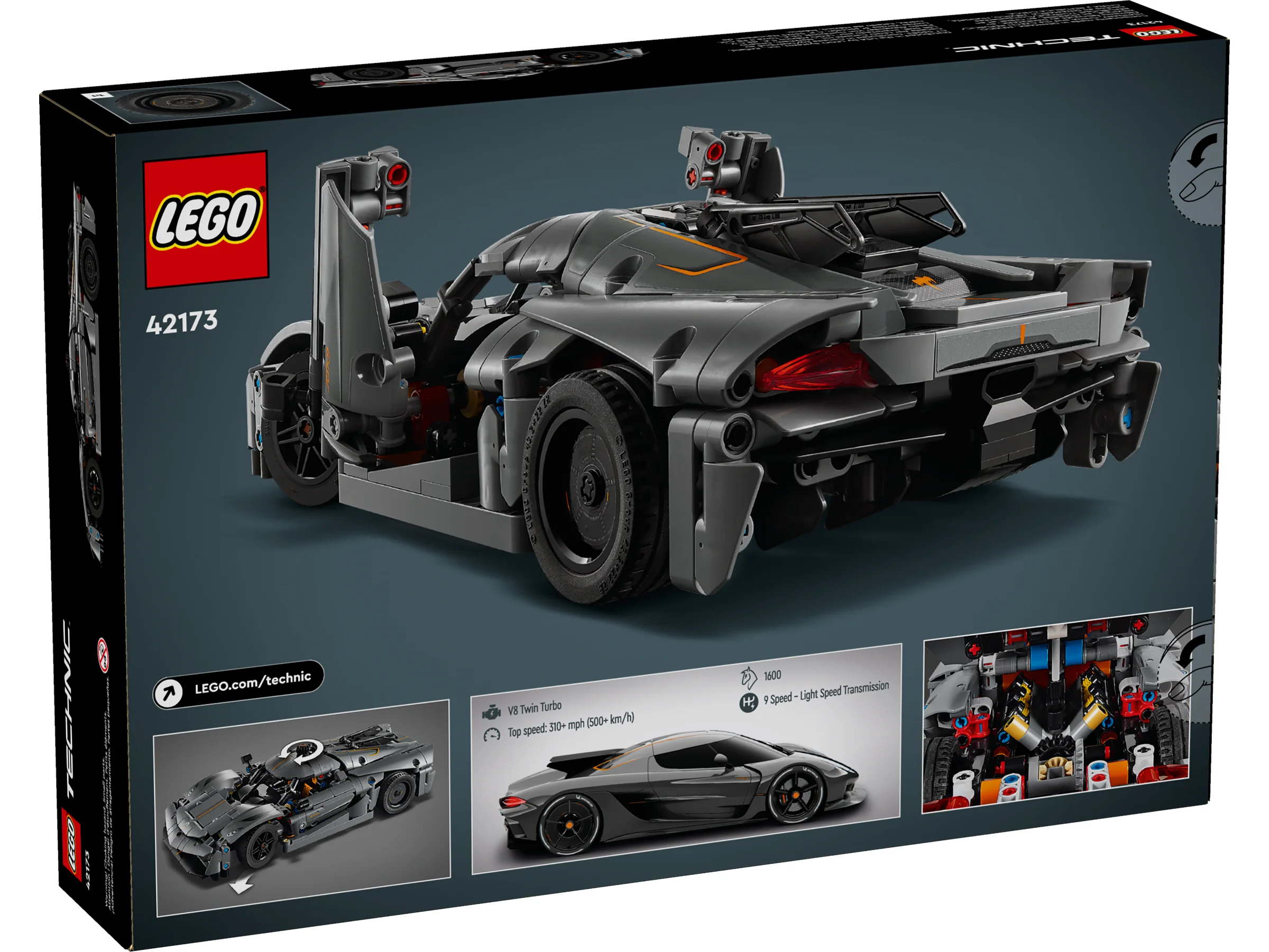 Cutia LEGO Technic 42173 prezintă hypercar-ul Koenigsegg Jesko Absolut gri din spate.
