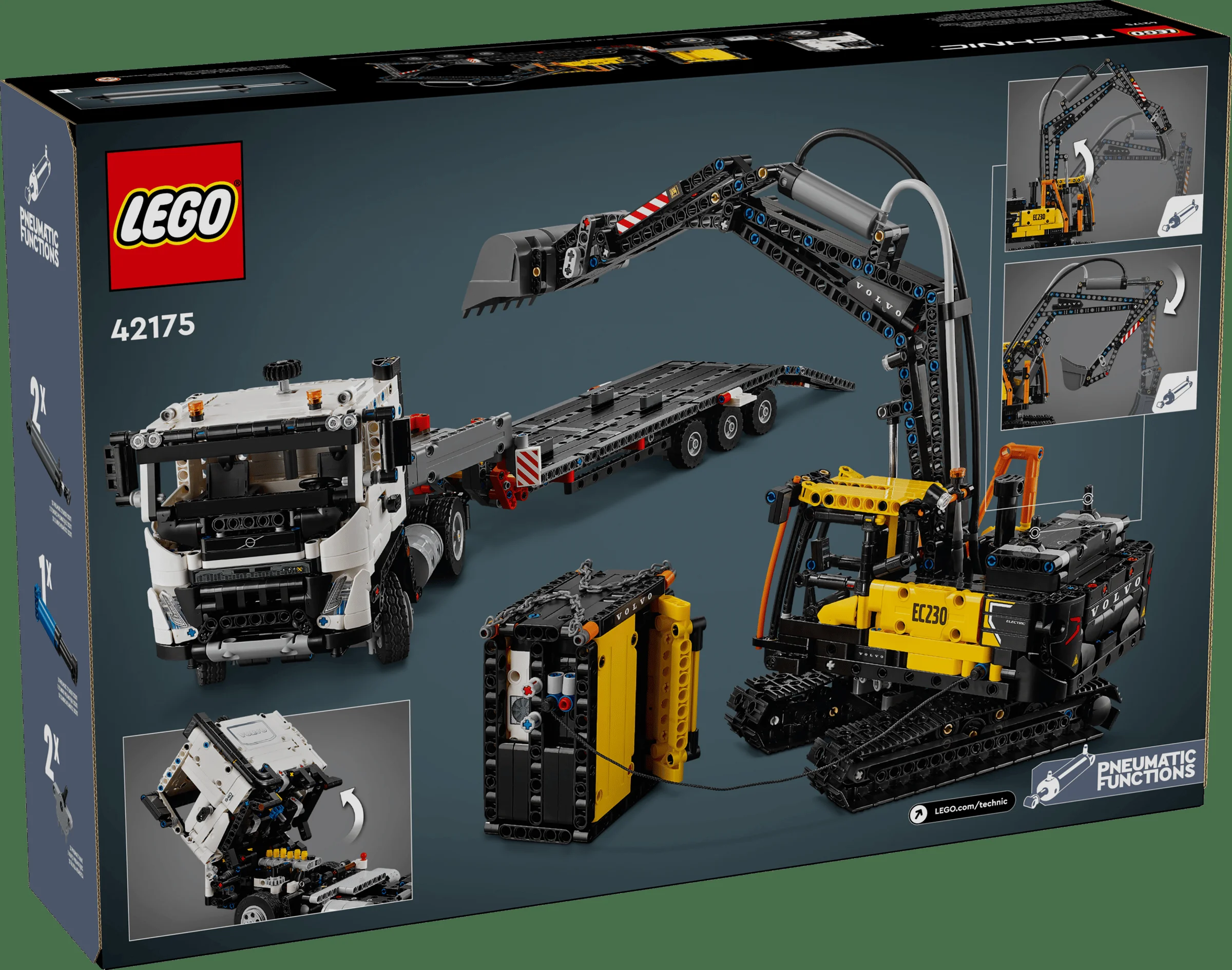 Cutia setului LEGO Technic 42175, cu camionul Volvo FMX și excavatorul electric EC230. Machete detaliate.