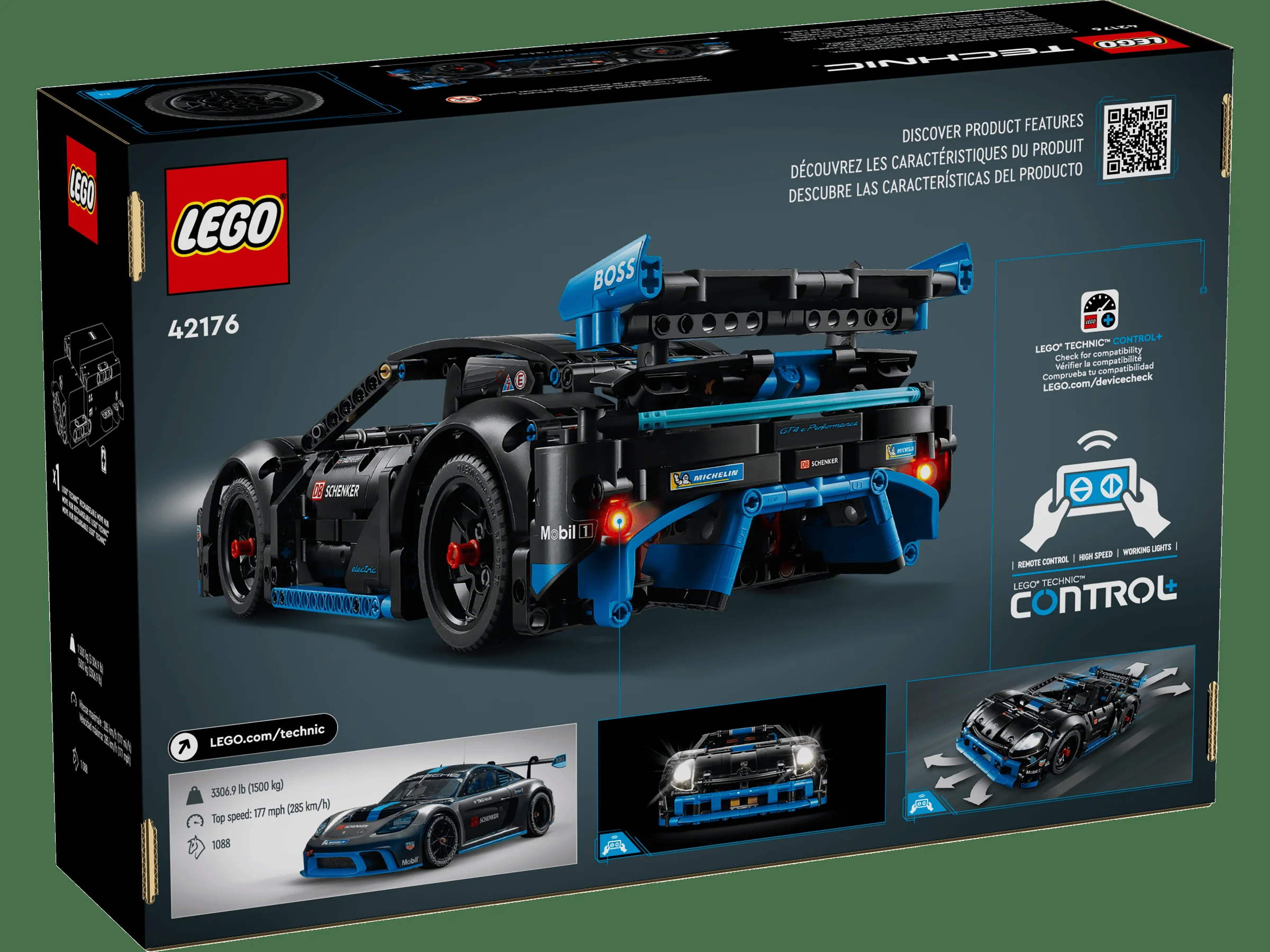 Imagine cu cutia setului LEGO 42176, care prezintă modelul Porsche GT4 e-Performance.