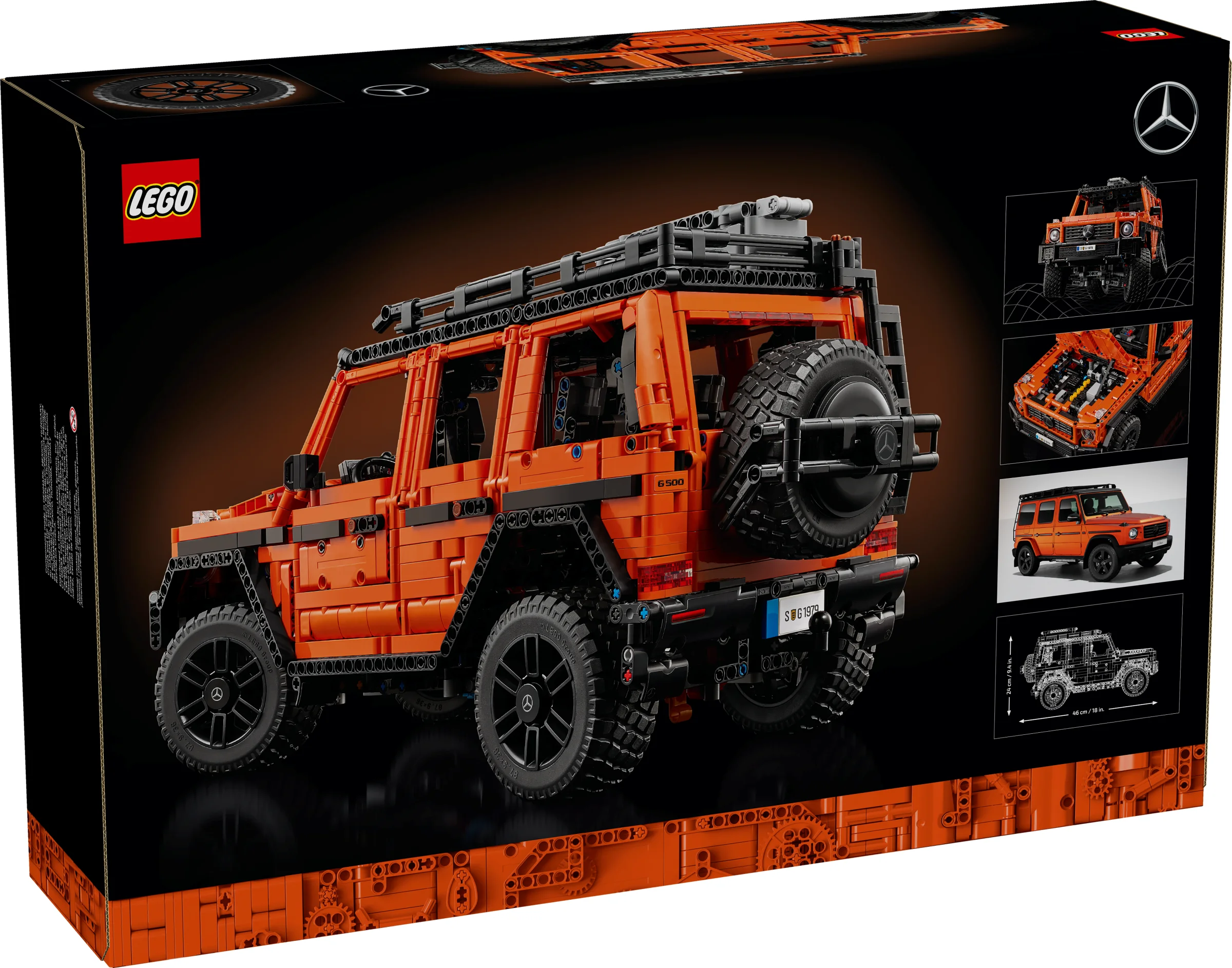 Cutia setului LEGO Technic Mercedes-Benz G 500, cu modelul portocaliu și detalii tehnice.