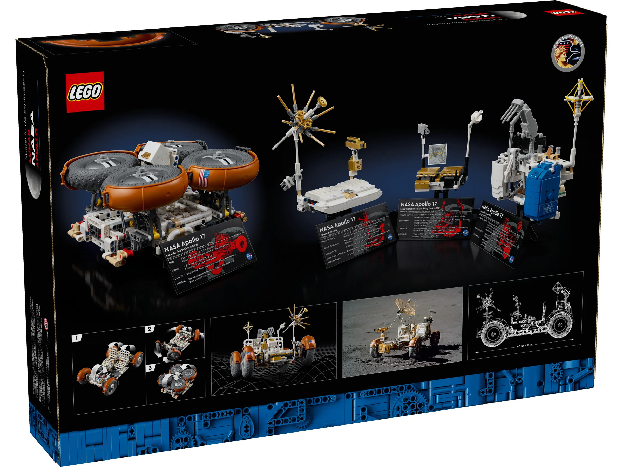 Spatele cutiei setului LEGO Technic 42182, cu detalii despre vehiculul lunar Apollo și modulele sale.