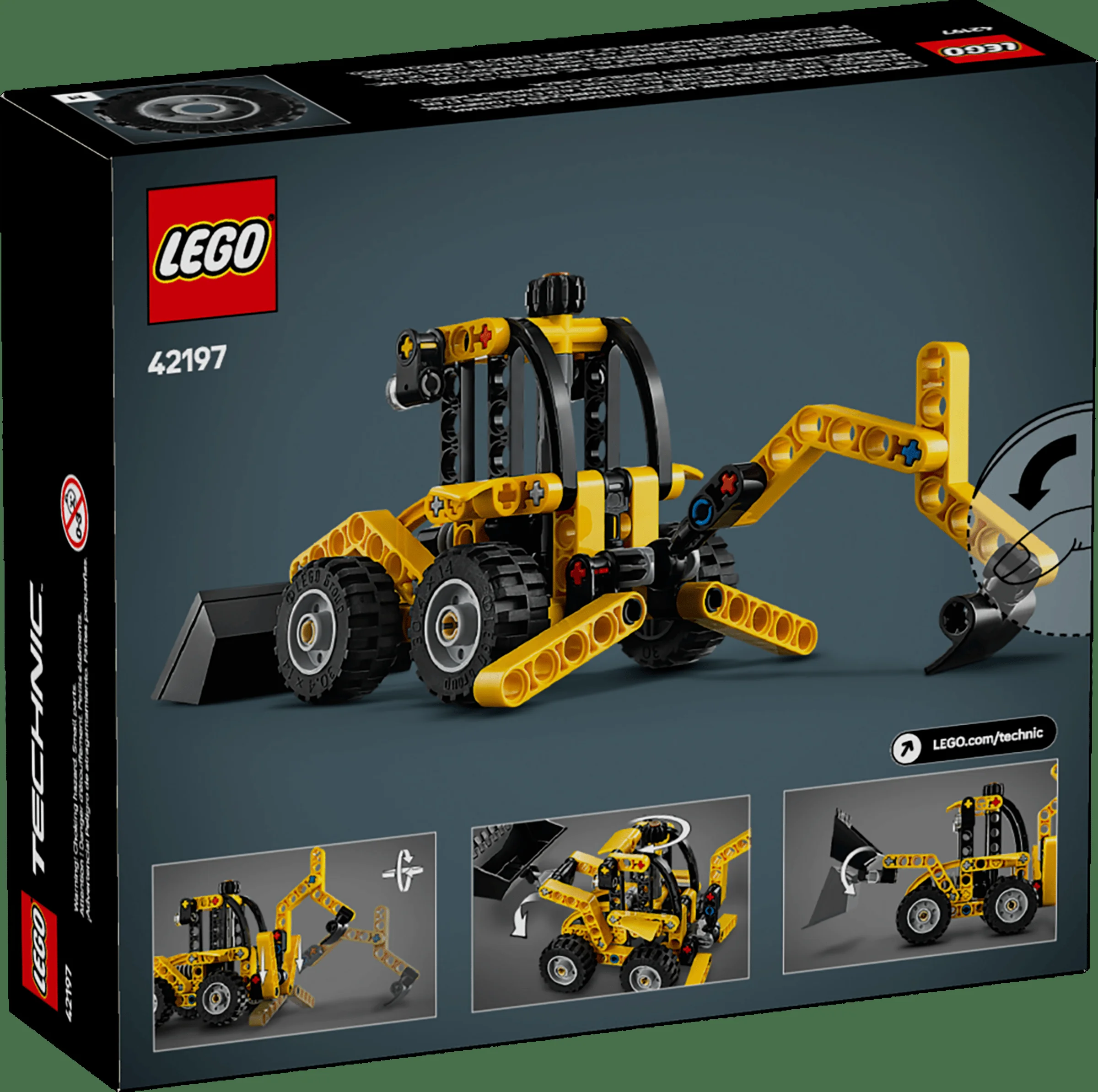 Imagine cu cutia setului LEGO Technic 42197 Backhoe Loader. Modelul este galben și negru.