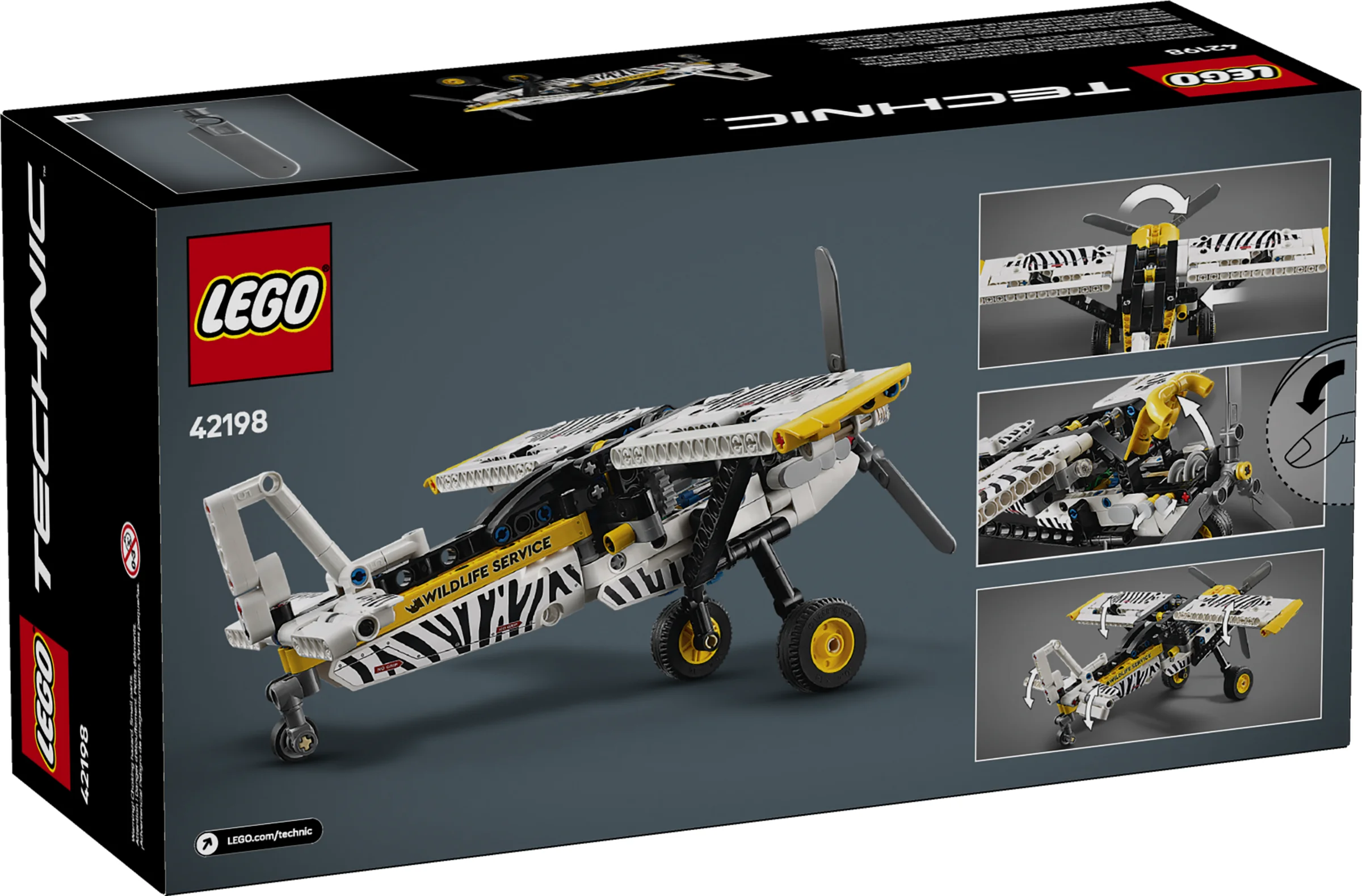 Imagine cu cutia setului LEGO Technic 42198, un avion de teren cu design zebrat.
