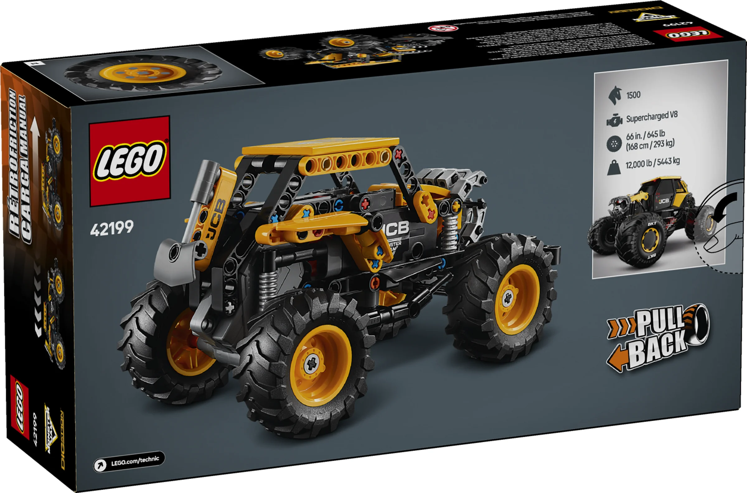 Cutia setului LEGO 42199 Monster Jam DIGatron, cu modelul asamblat pe fundal gri.