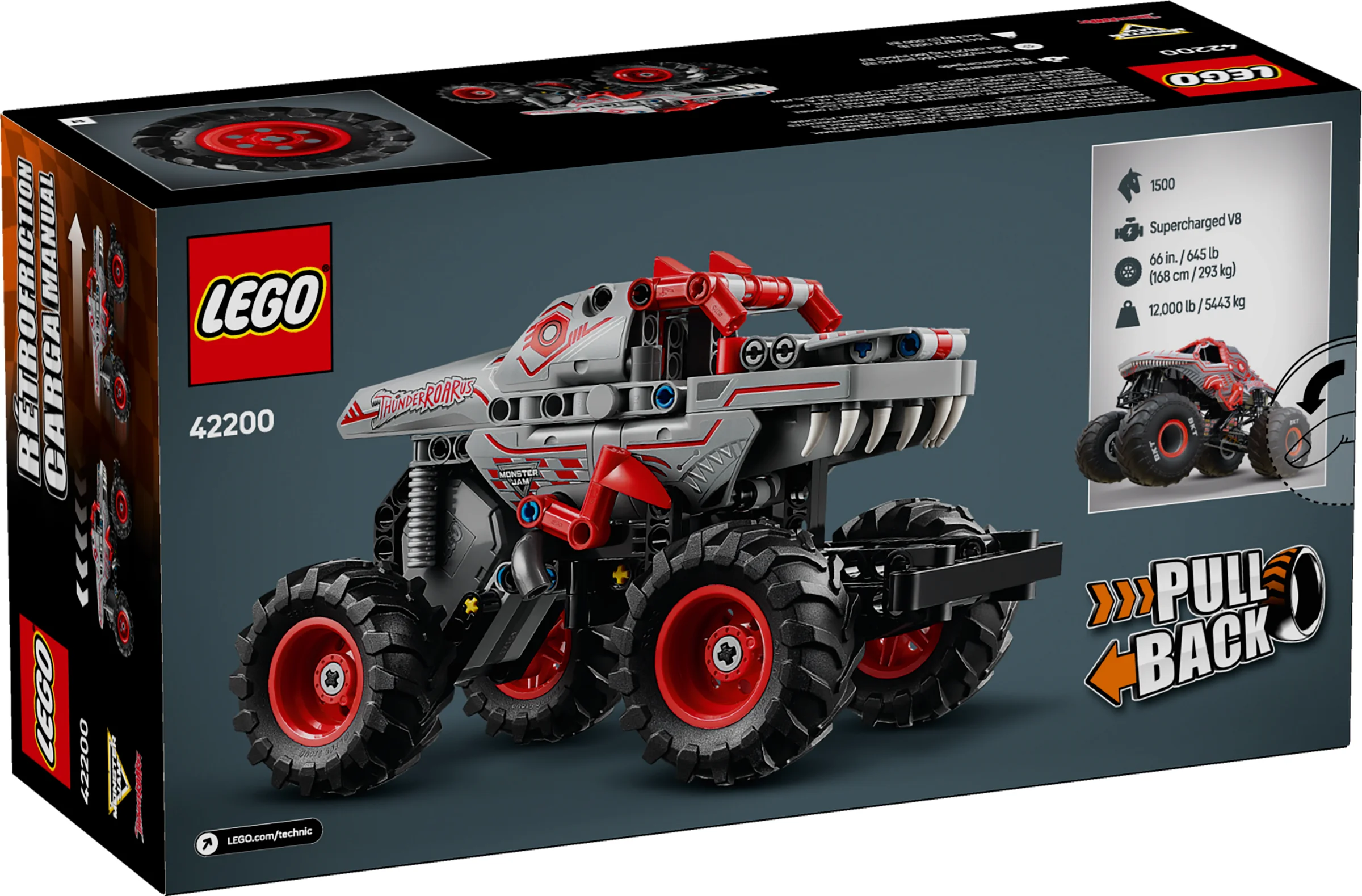 Cutia LEGO Technic 42200 Monster Jam ThunderROARus, cu camionul construit afișat.