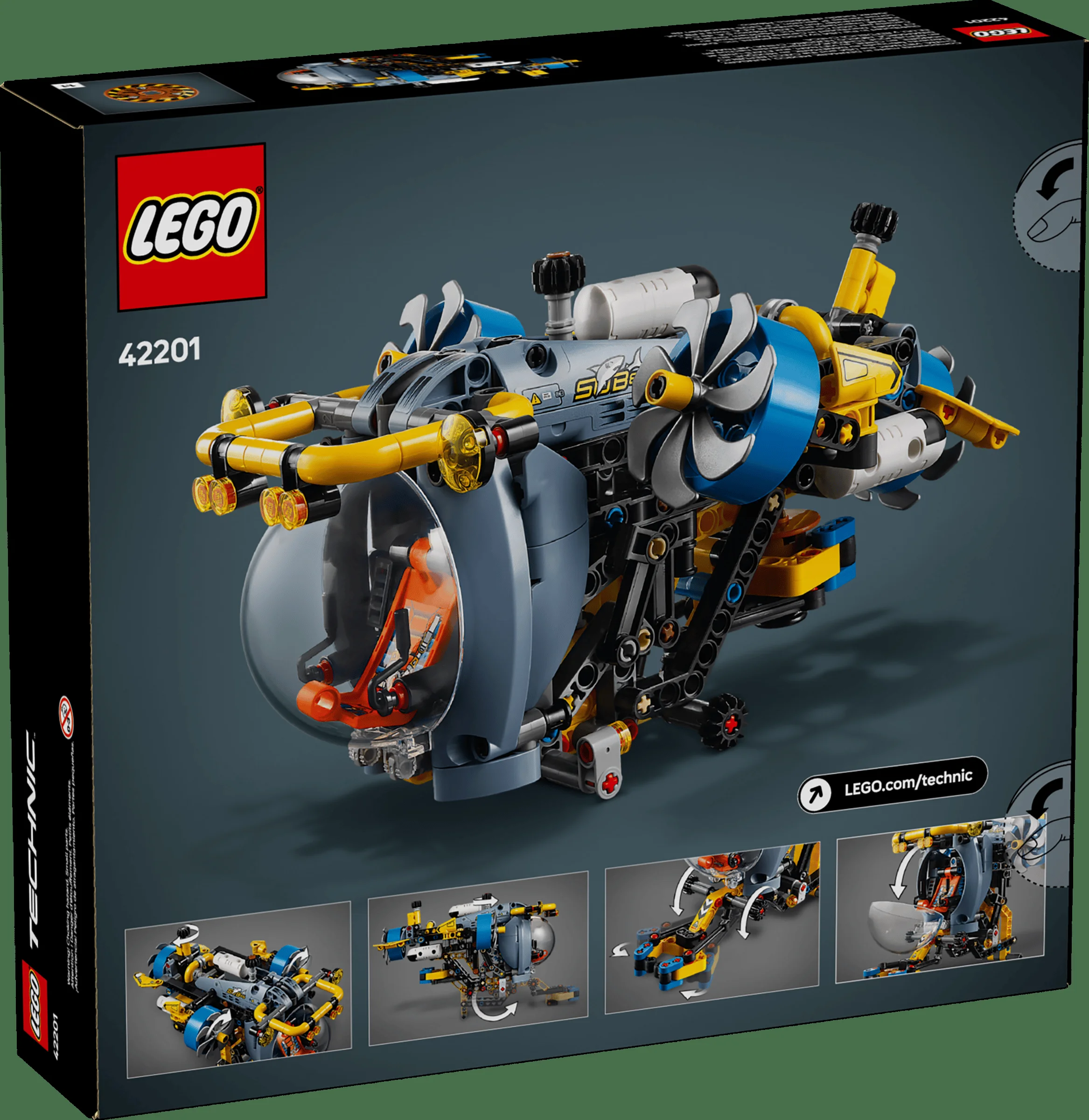 Imagine cu cutia setului LEGO Technic 42201, Submarin de cercetare în adâncuri. Vedere din spate.