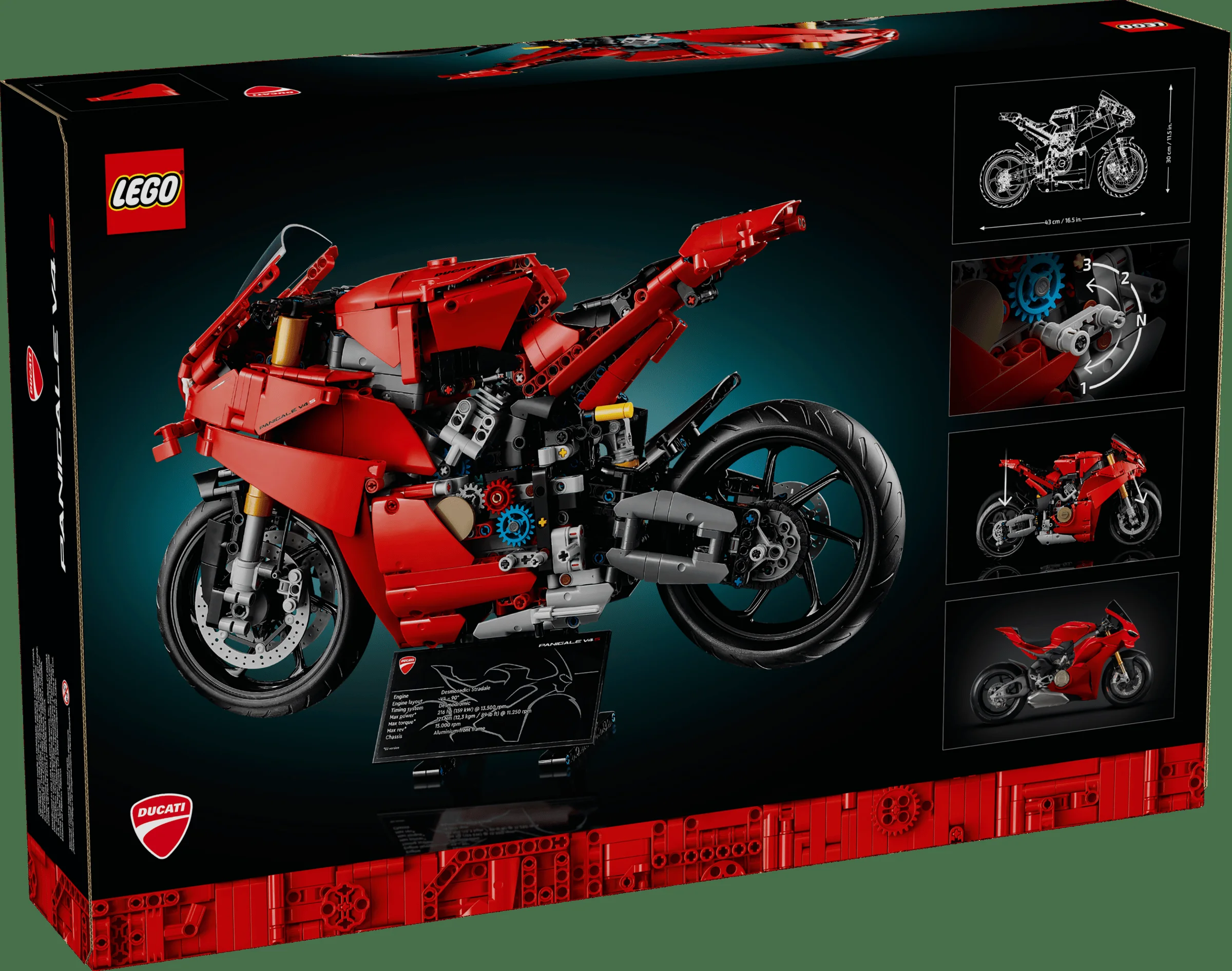 Imaginea prezintă cutia setului LEGO Technic Ducati Panigale V4 S, cu modelul și specificațiile tehnice.