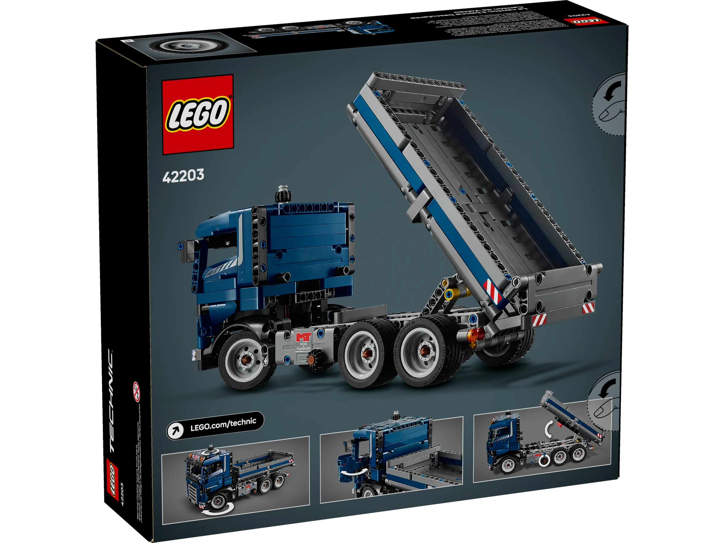 Cutia LEGO Technic 42203 Camion Basculant, cu modelul complet și detaliile funcției de basculare.