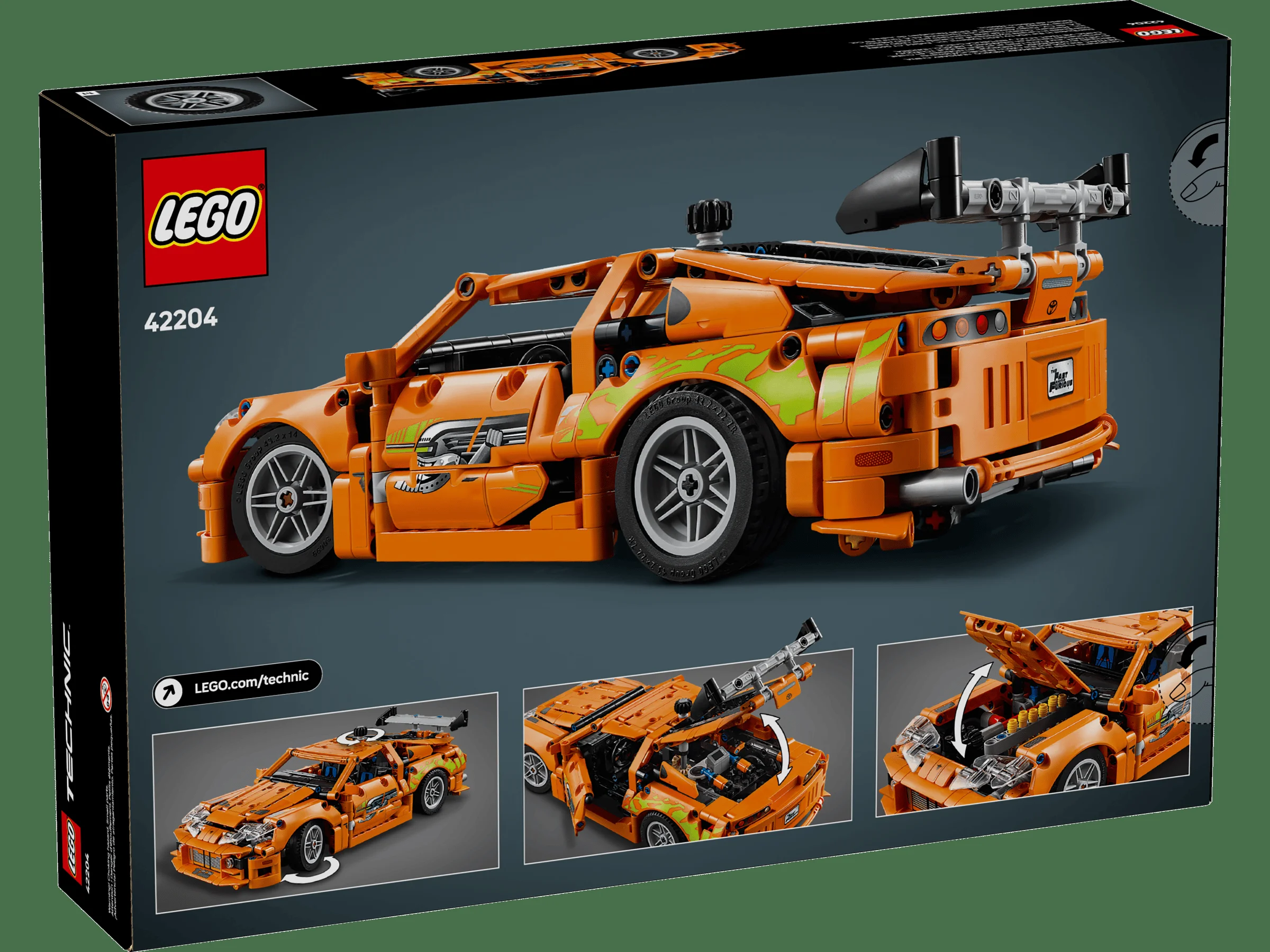 Cutie LEGO Technic 42204 Toyota Supra MK4. Modelul finisat, detalii funcționale, culori vibrante.