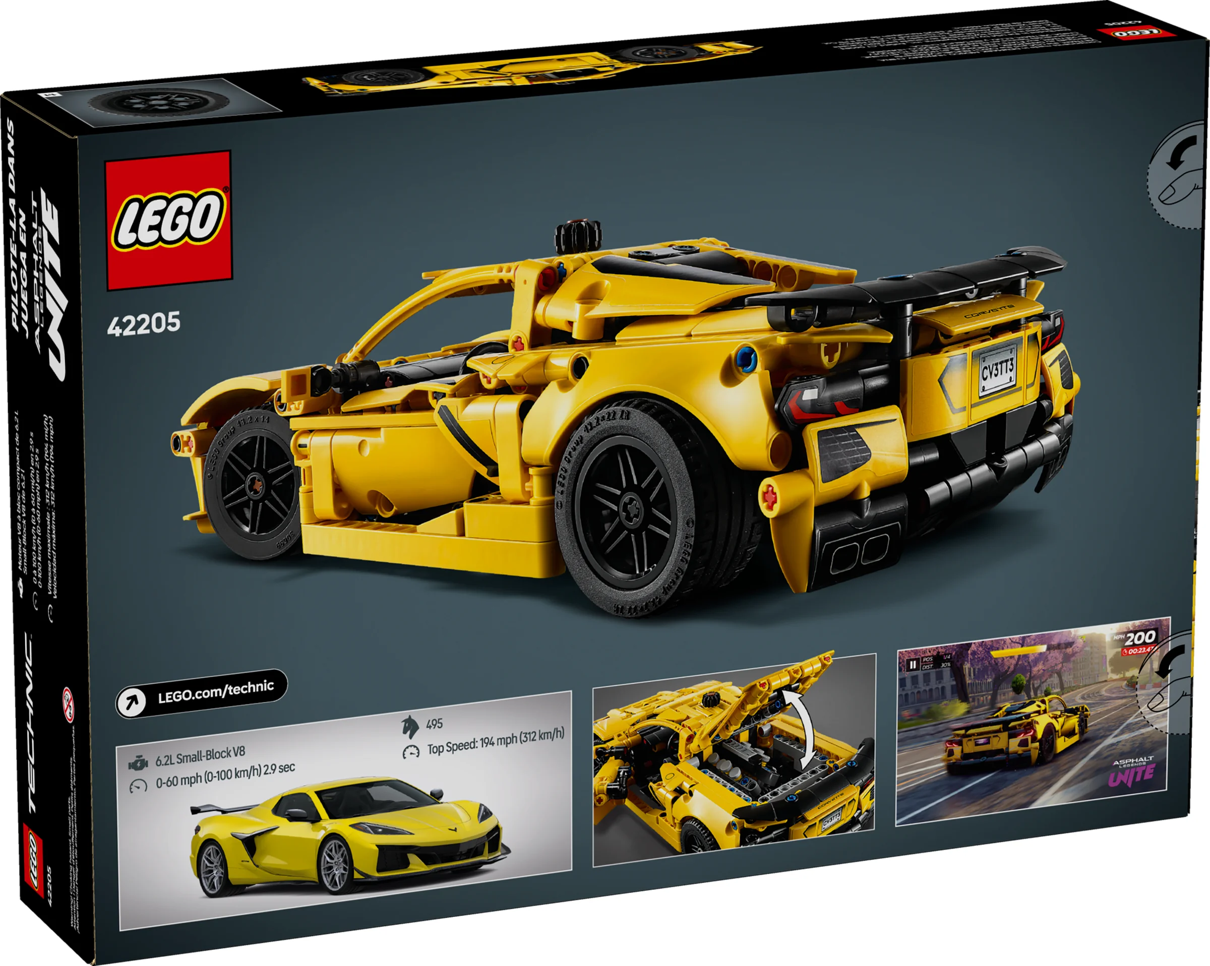 Cutia LEGO Technic Chevrolet Corvette Stingray #42205, cu modelul galben și detalii tehnice.