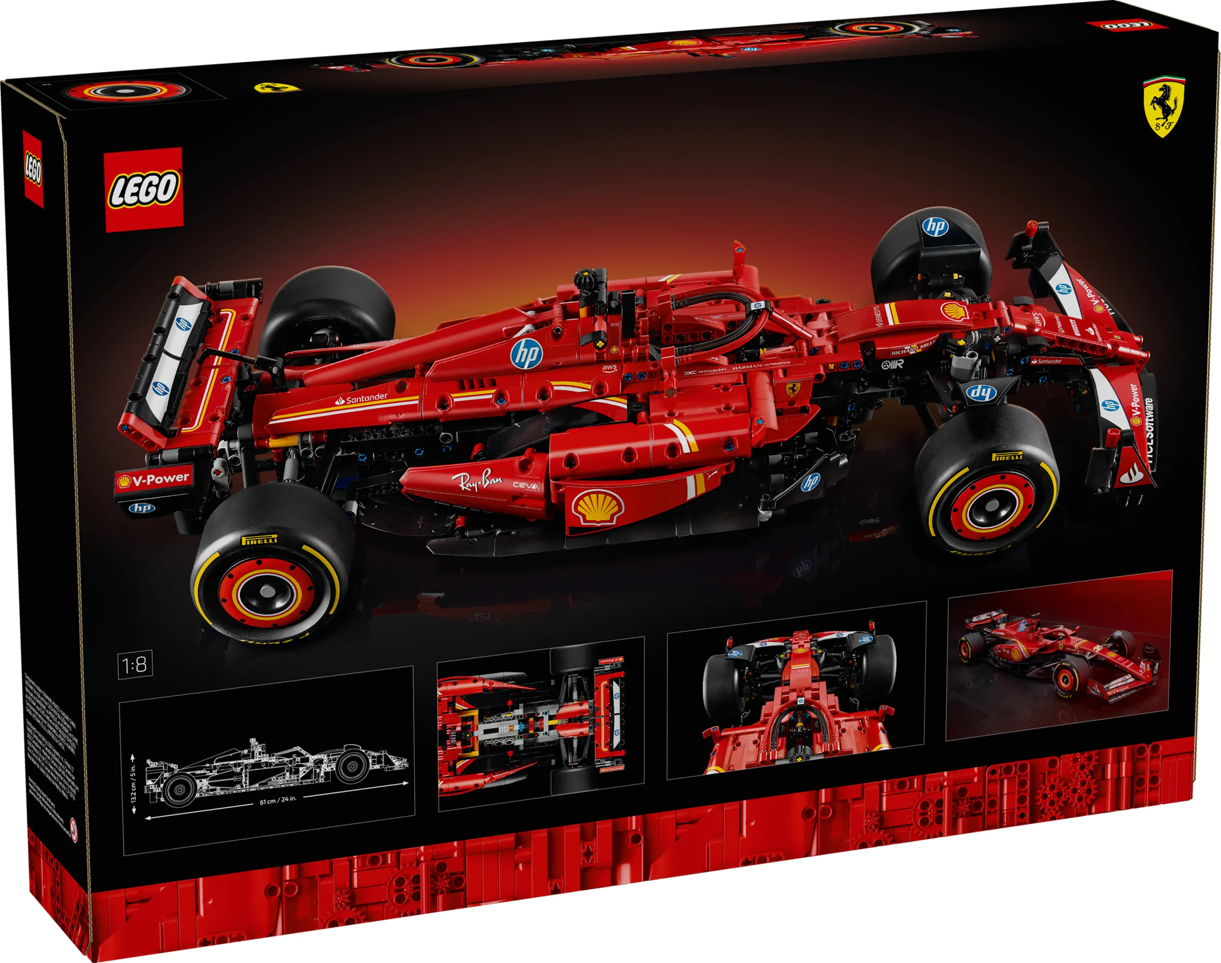 Imagine cu cutia setului LEGO Technic Ferrari SF-24 F1, arătând modelul detaliat al mașinii.