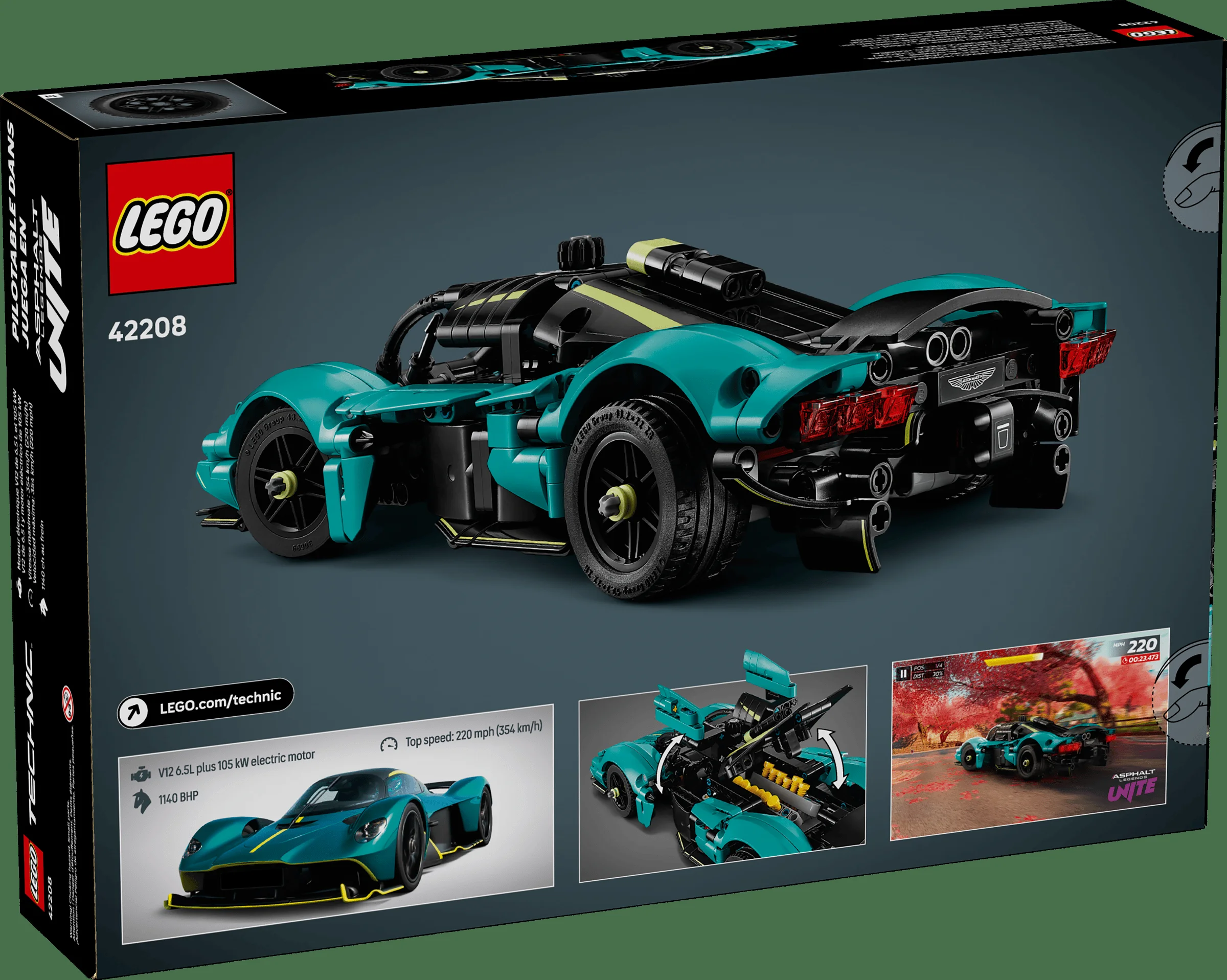 Imagine cu spatele cutiei setului LEGO Technic Aston Martin Valkyrie, cu detaliile mașinii.
