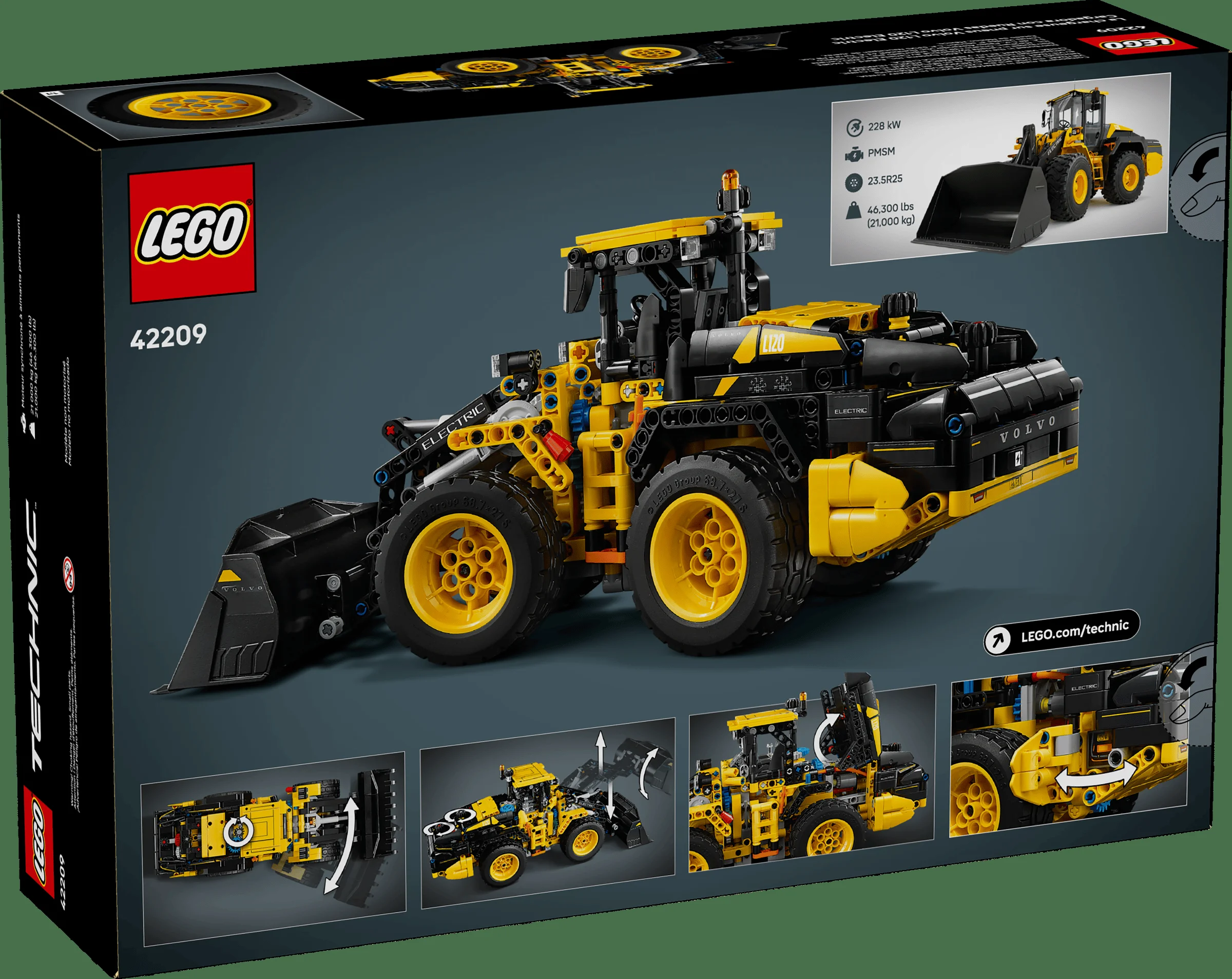 Imagine a cutiei LEGO Technic 42209 cu modelul Volvo L120, galben și negru, în prim-plan.