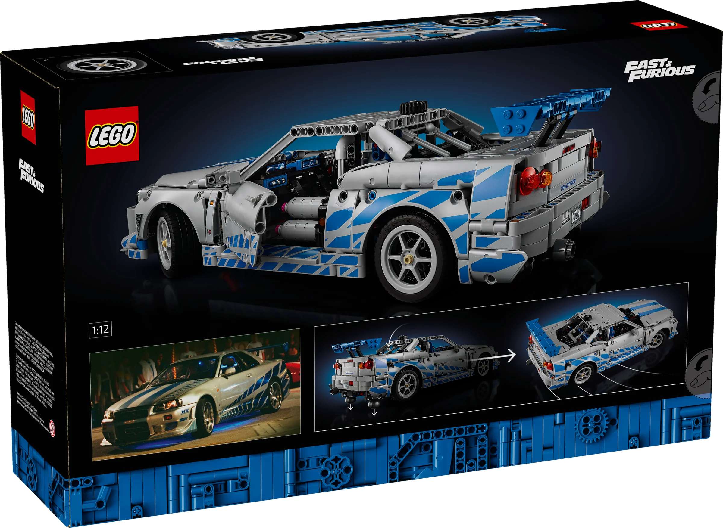 Cutia setului LEGO Technic Nissan Skyline GT-R (R34). Modelul este alb cu accente albastre.