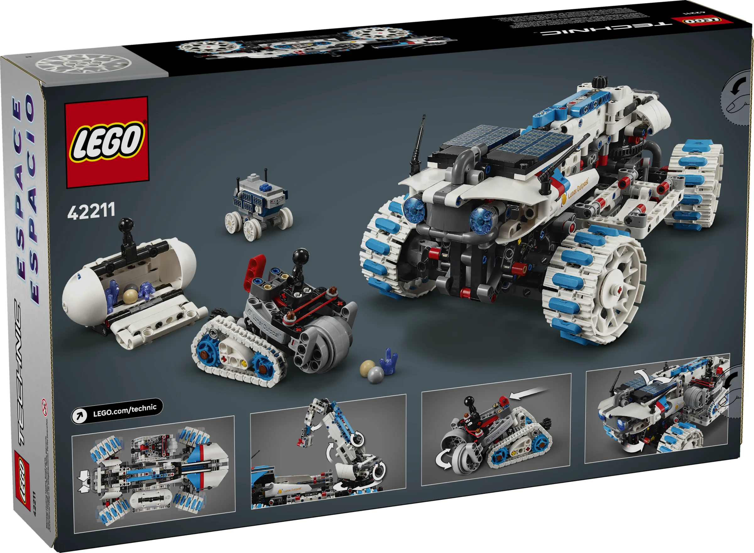 Imagine cu cutia setului LEGO Technic 42211, cu roverul lunar și vehiculele mai mici prezentate.