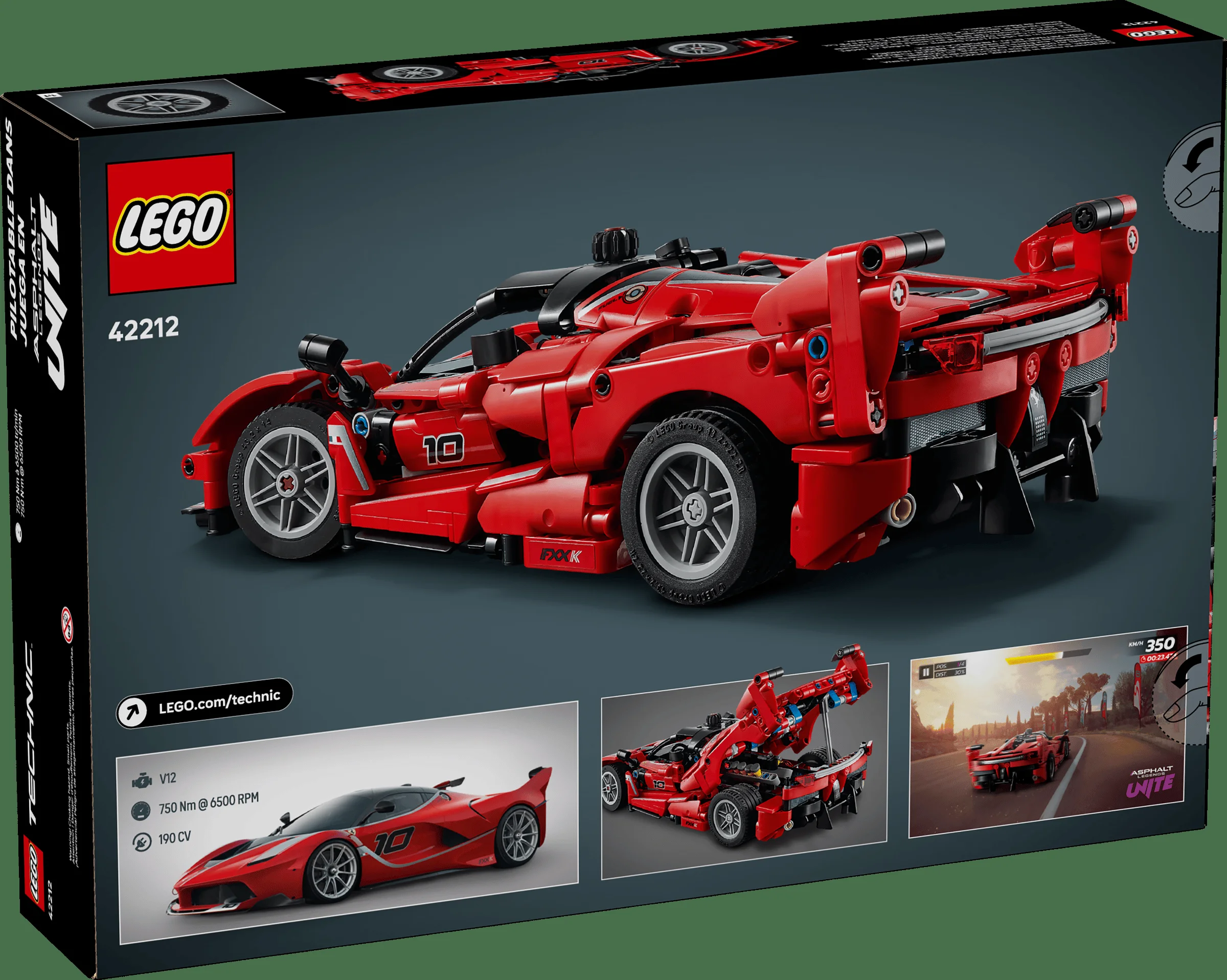 Cutia setului LEGO 42212 Ferrari FXX K, ce prezintă modelul roșu și detalii tehnice.