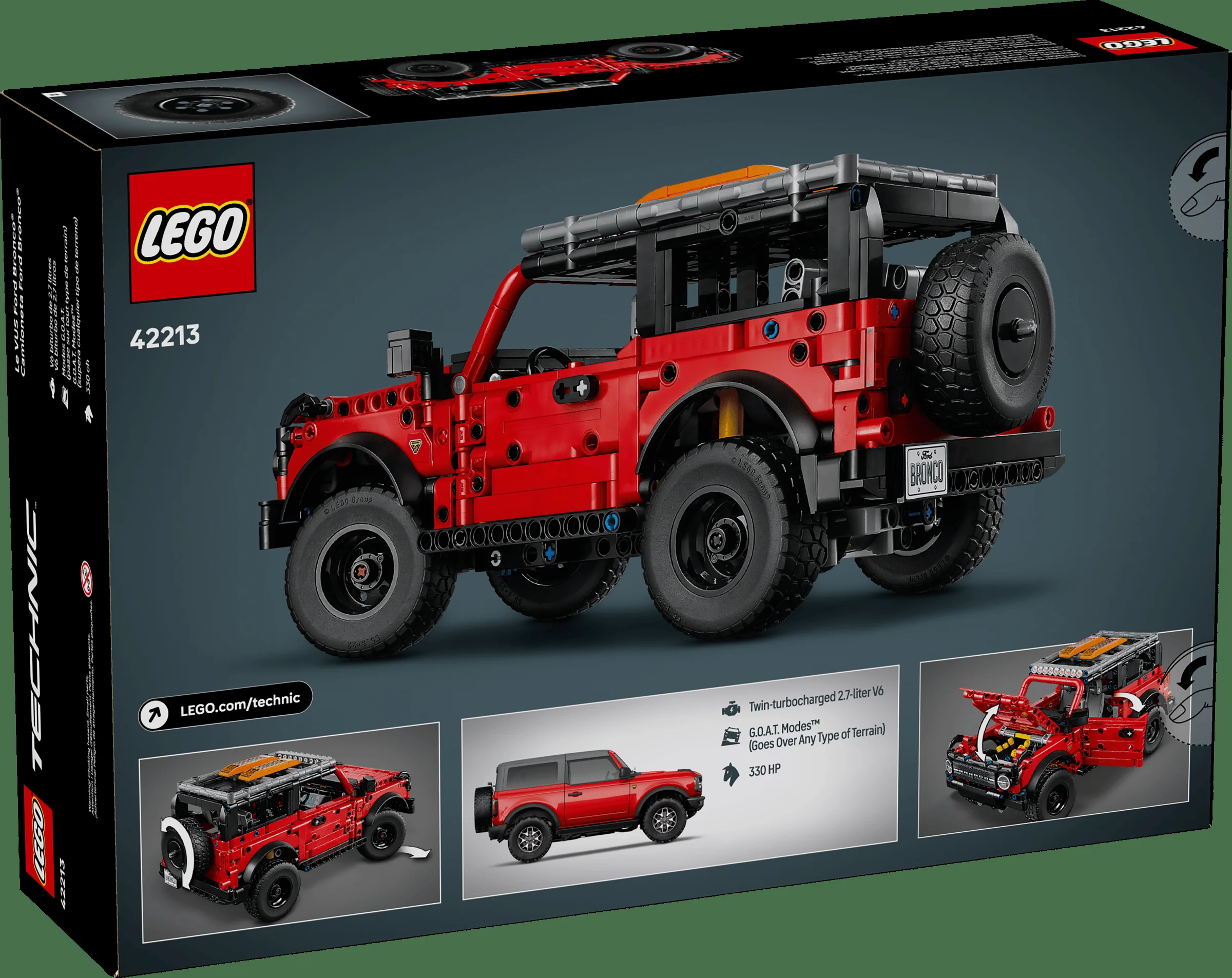 Imagine cu cutia setului LEGO Technic 42213 Ford Bronco SUV, cu detaliile modelului.