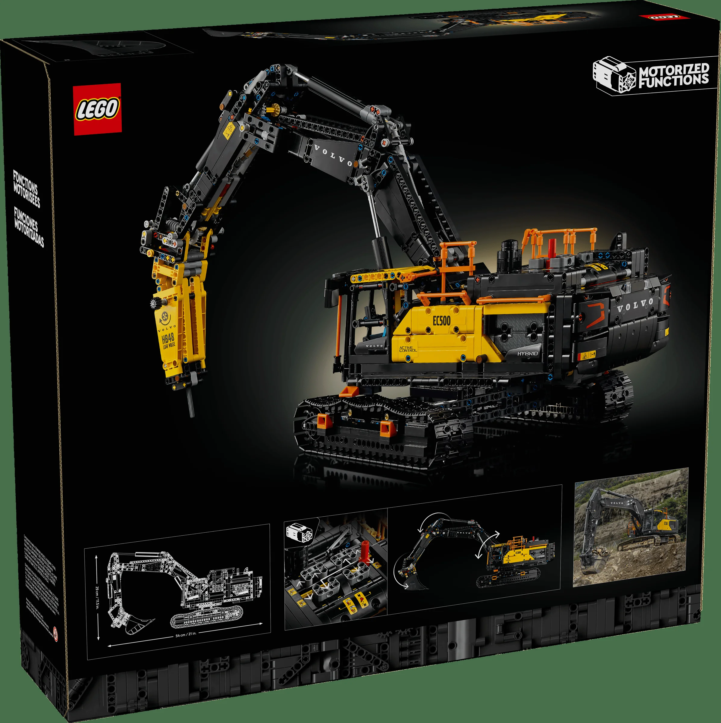 Imaginea cutiei LEGO Technic cu excavatorul Volvo EC500 Hybrid, model detaliat galben și negru.