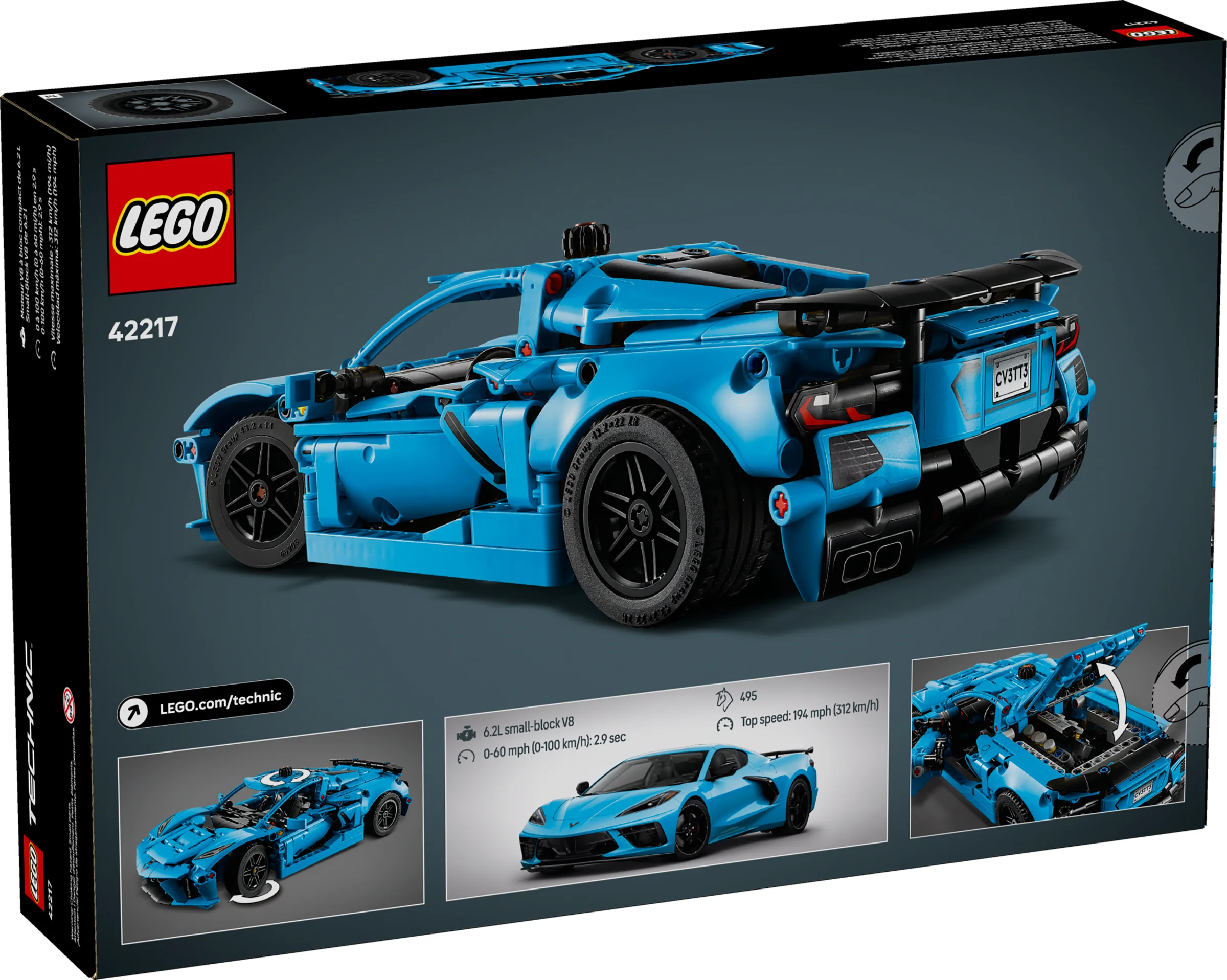 Cutia setului LEGO 42217, Corvette Stingray, detaliind modelul din spate și specificații.