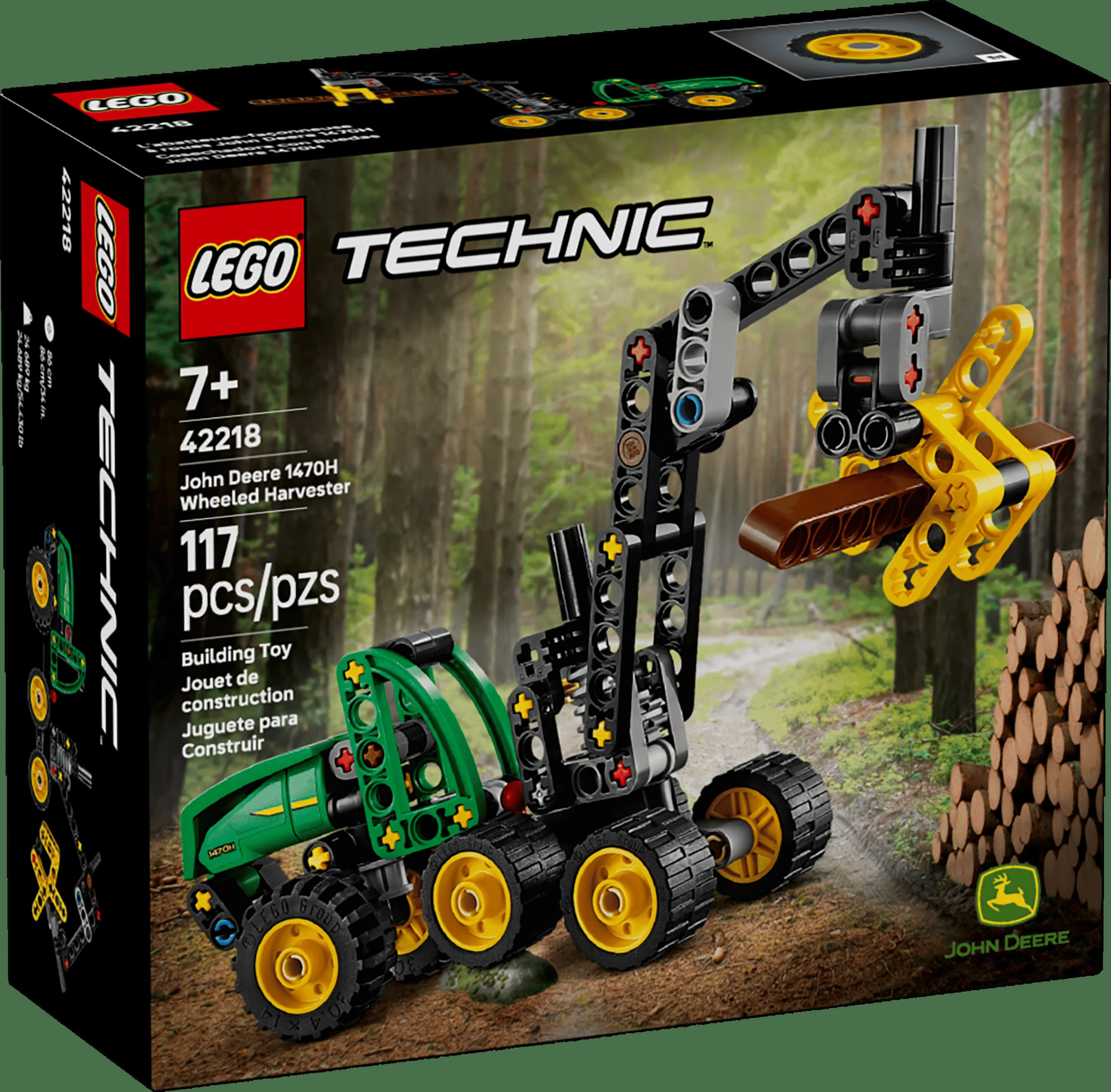 Cutie cu setul LEGO Technic 42218 John Deere, ce prezintă modelul asamblat al mașinii agricole.