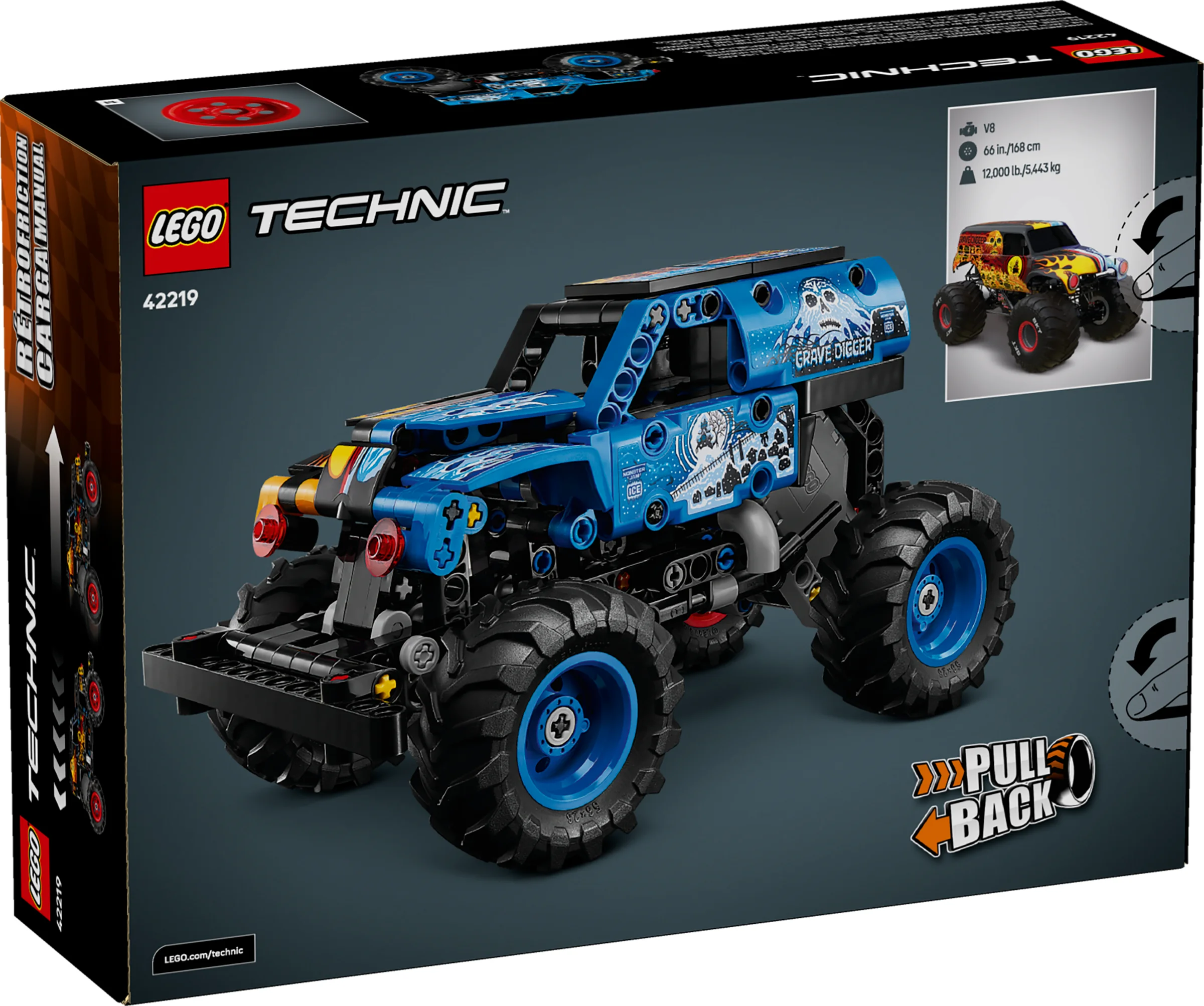Imagine cu cutia setului LEGO Technic 42219 Monster Jam Grave Digger. Detalii despre produs și funcții.