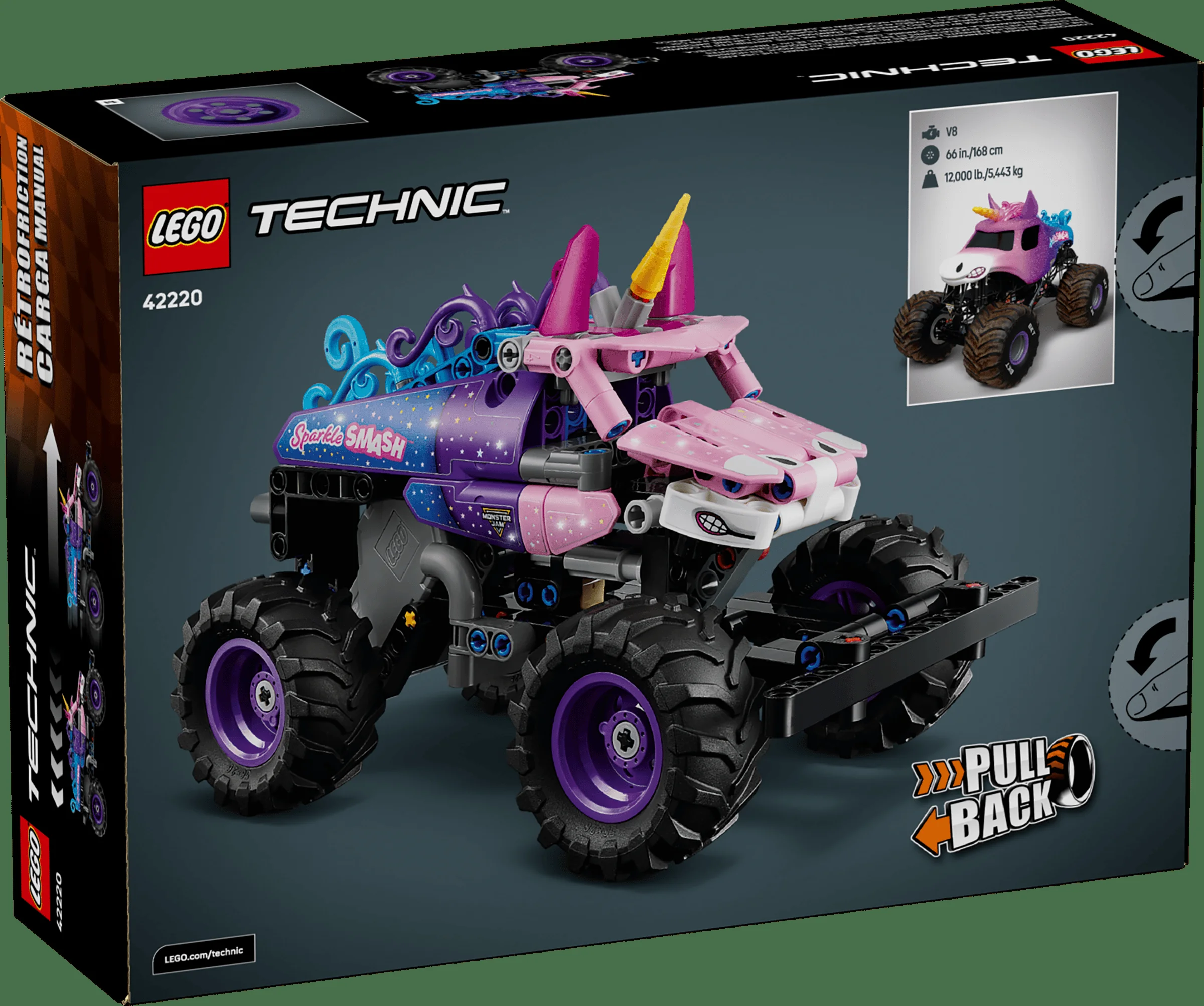 Cutia setului LEGO Technic 42220 Monster Jam Sparkle Smash, cu modelul asamblat vizibil.
