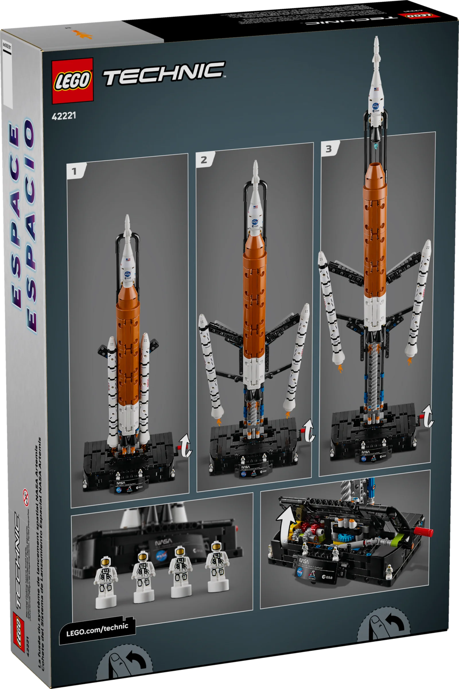 Imagine cu spatele cutiei setului LEGO Technic NASA Artemis 42221, arătând caracteristici și minifigurine.