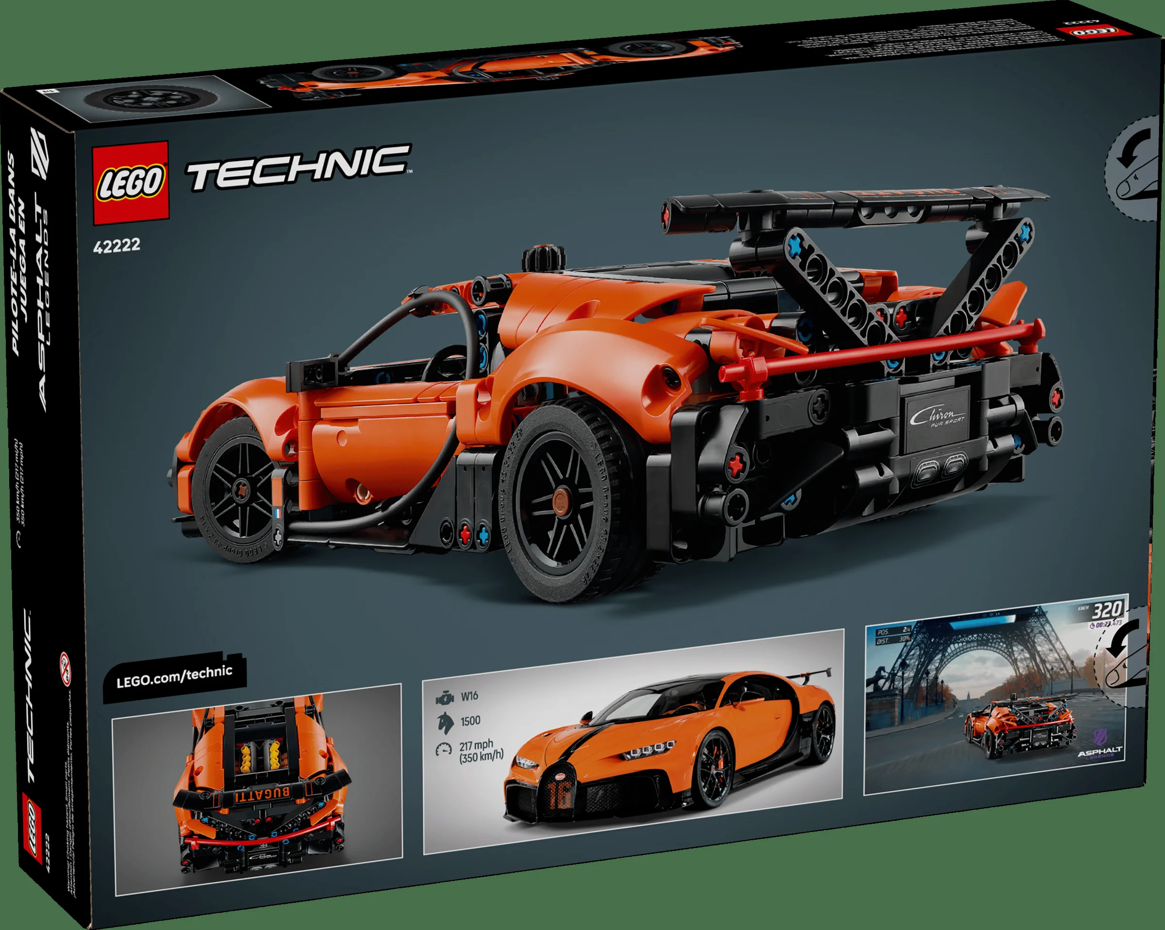 Cutia LEGO Technic 42222 Bugatti Chiron Pur Sport, detaliind modelul și specificațiile sale.