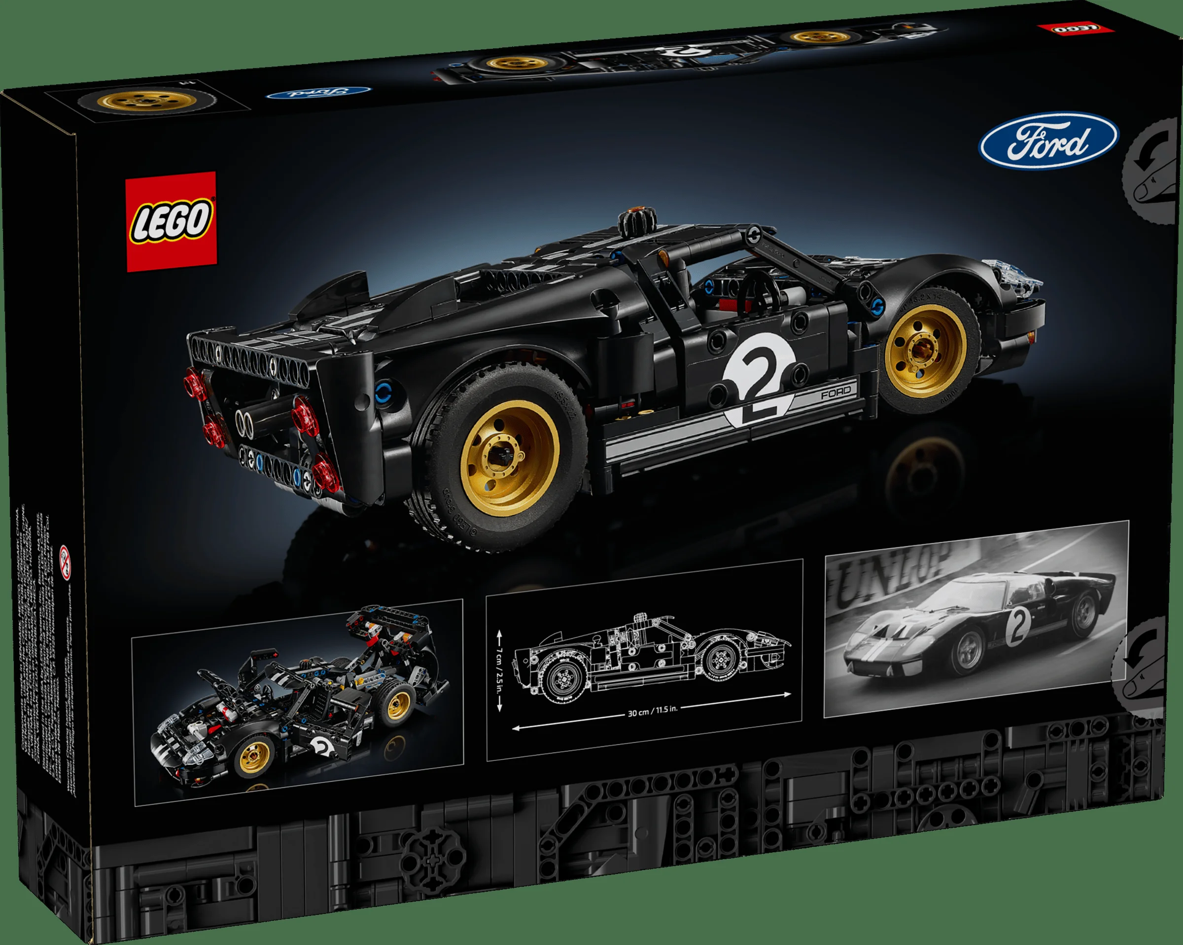 Cutia setului LEGO Technic Ford GT40 MKII din 1966, cu modelul finisat și detalii tehnice.